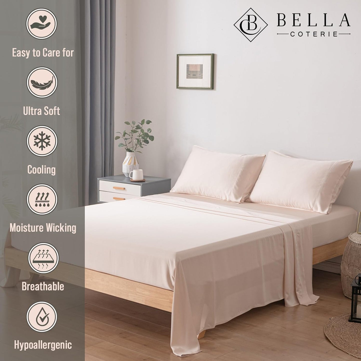 Bella Coterie Luxury Bamboo Viscose Queen Size Sheet Set | 100% Organically Grown | Ultra Soft | Cooling for Hot Sleepers | 18" Deep Pocket [Champagne]