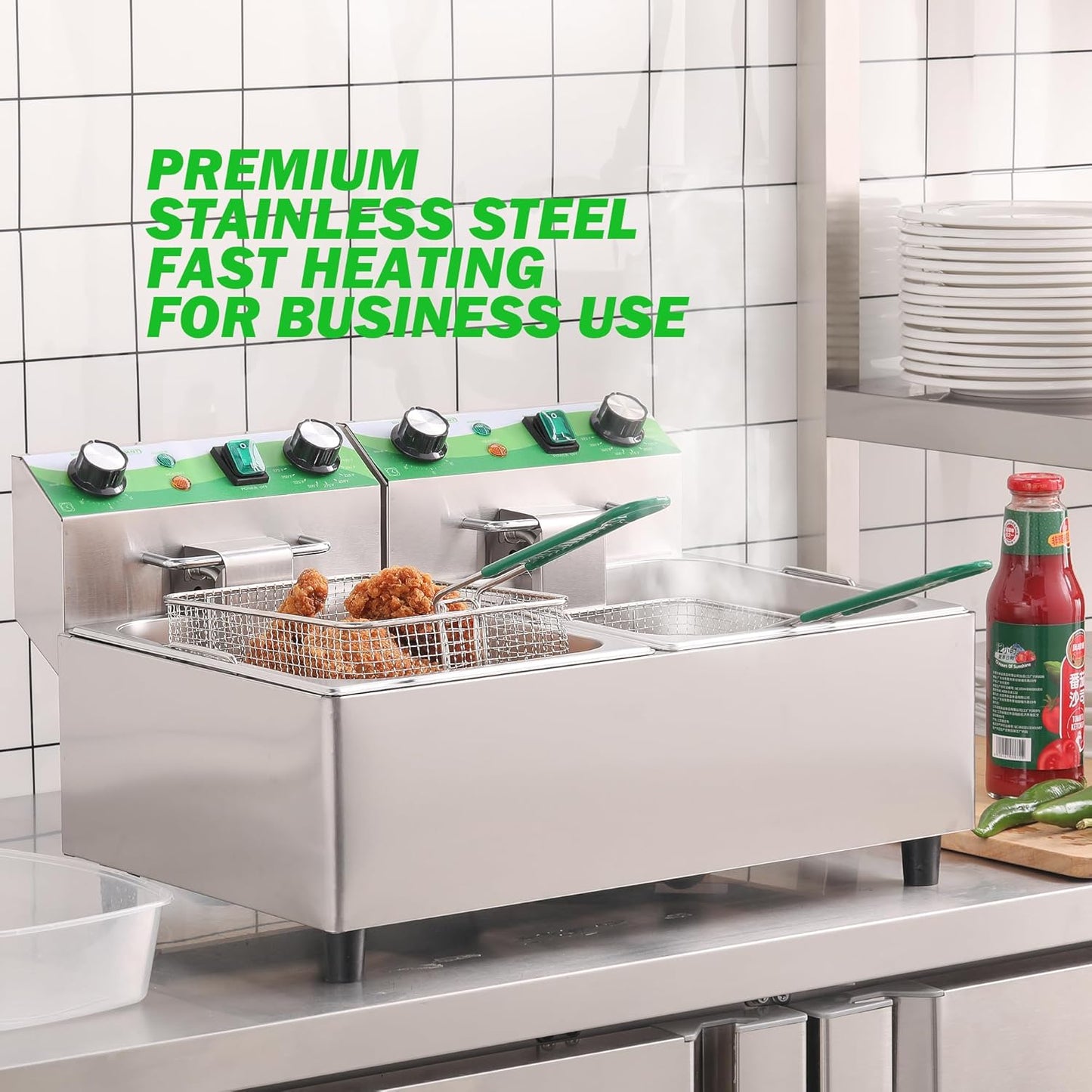 20L/21.2QT Commercial Deep Fryer with Timer Dual Tank Electric Countertop Fryer with Double Baskets and Lids, Temp Control, 3400W/110V Stainless Steel Large Deep Fryer for Restaurant Kitchen