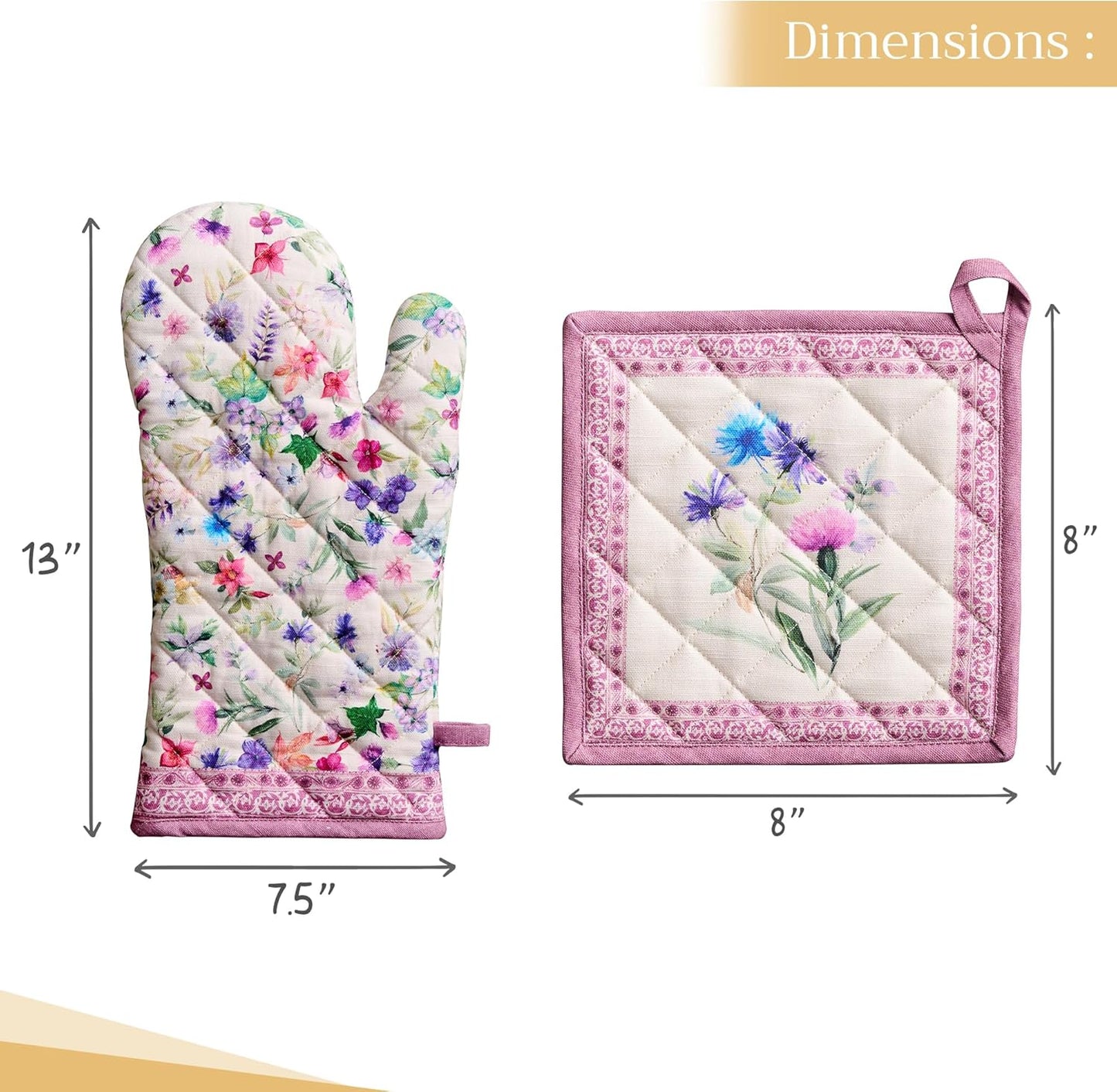 Maison d' Hermine 100% Cotton Oven Mitt & Pot Holder Set (7.5"x13" & 8"x8") Heat Resistant BBQ Cooking Gloves with Loop, Baking, Grilling, Kitchen, Handling Hot Pans Spring/Summer (Chardon)