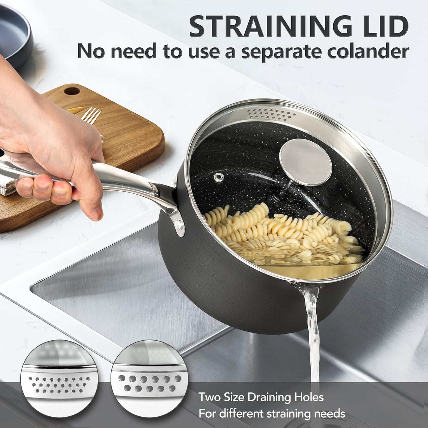 MICHELANGELO Hard Anodized Saucepan Set with Lids, Nonstick Saucepan with Pour Spouts & Strainer Lid for Easy Pour, Granite Derived Coating Sauce Pot Set - 1.5QT & 3QT Induction Sauce Pans