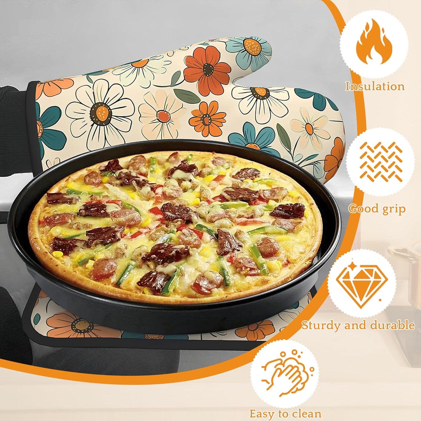 Vintage Floral Oven Mitts and Pot Holders,Groovy Flower Heat Resistant Oven Mitts Gloves and Pot Holder for Home Kitchen Decorations Cooking Baking BBQ Gifts,Set of 4