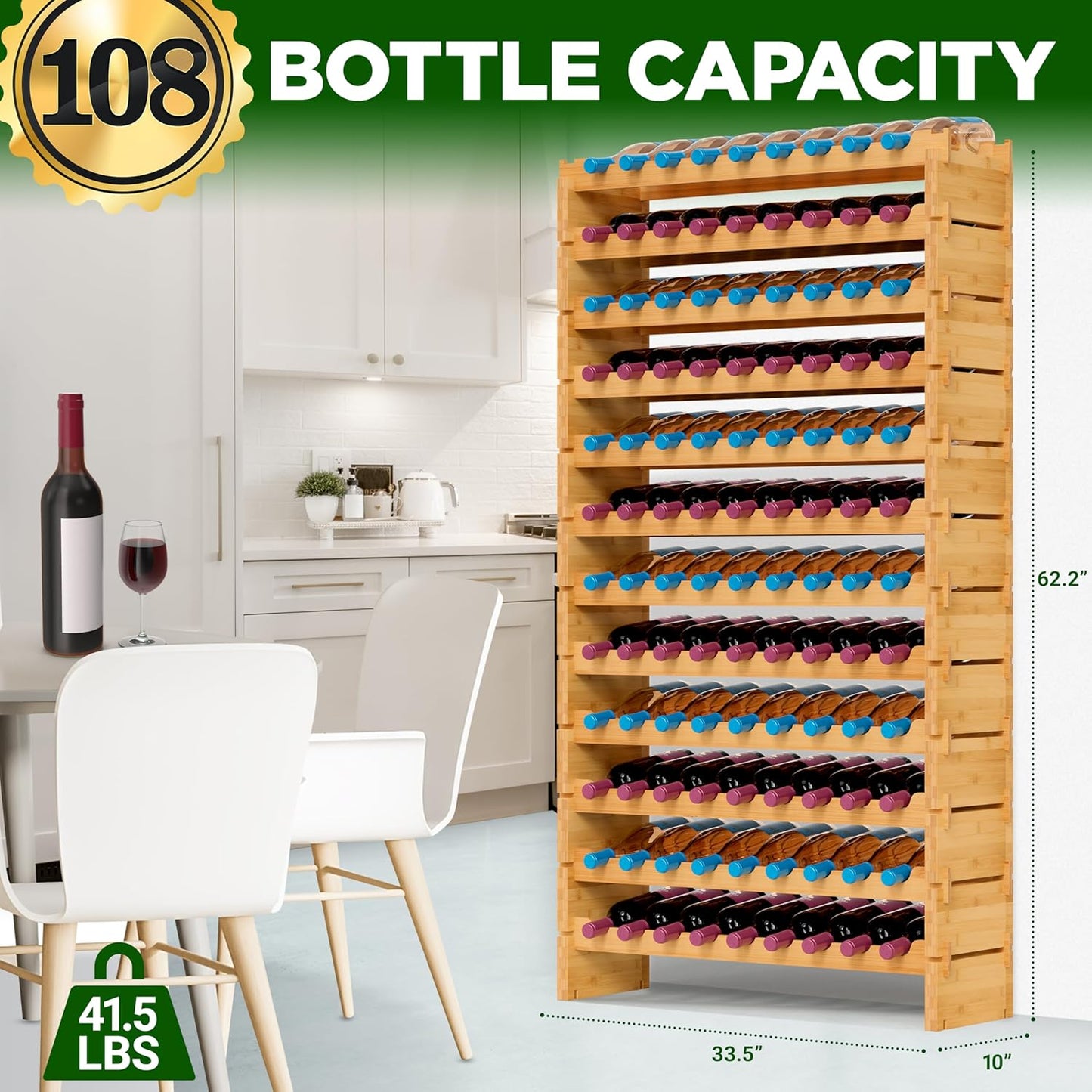 NutriChef Bamboo Stackable Wine Rack, 12-Tier 108 Bottle Capacity Free Standing Floor, No Tools Assembly, Modular Storage Display Shelf for Kitchen and Cellar 33.5" x 10" x 62.75"