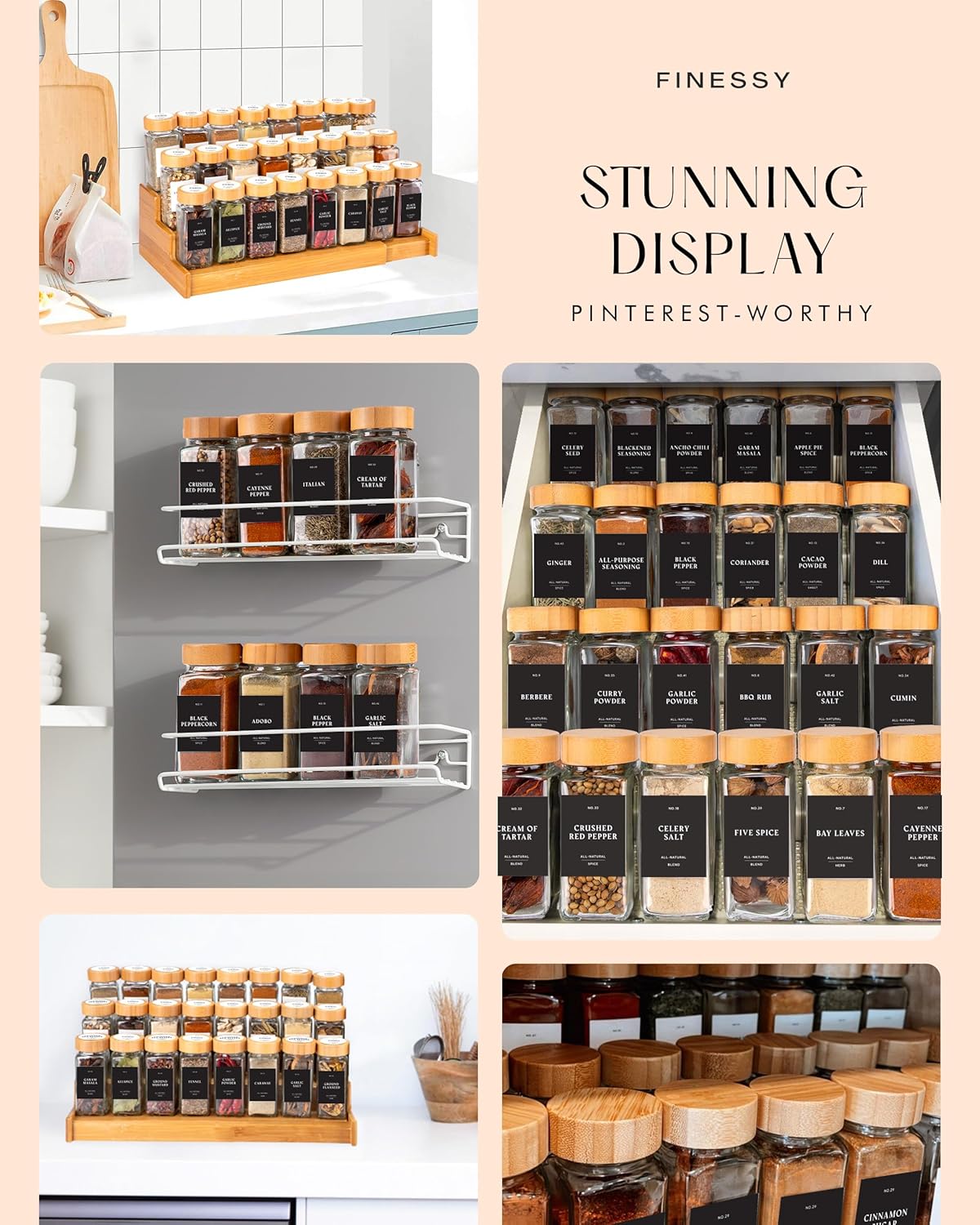 Bamboo Glass Spice Jars with Label and Shaker Lids Clear Empty 4oz 24 Pack Bottles Set, Square Glass Spice Containers with Labels Black, Seasoning Organizer Jars, Seasoning Containers with Labels Set