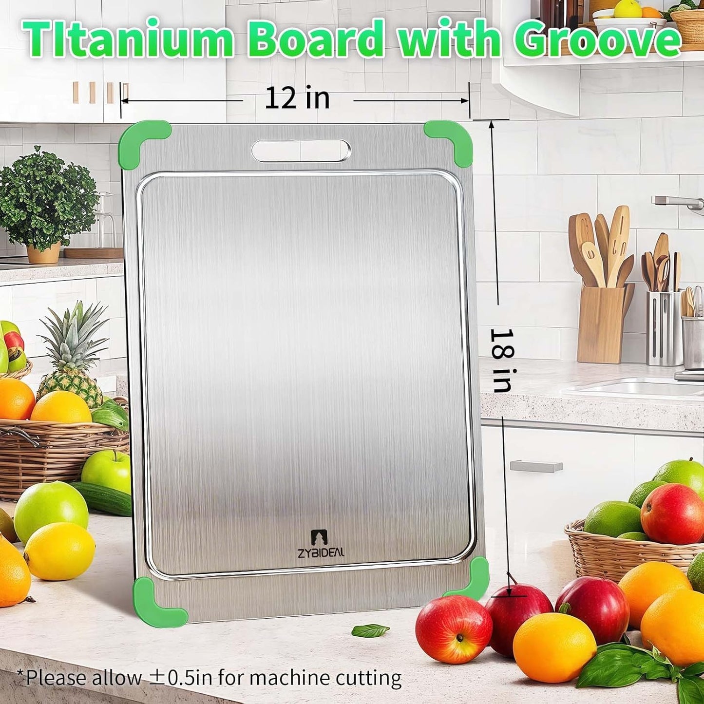 100% Pure Titanium Cutting Board with Grooves, Update Double Side Titanium Chopping Board, Silicone Anti-slip Stainless Cutting Boards for Kitchen 12 * 18 IN, Green