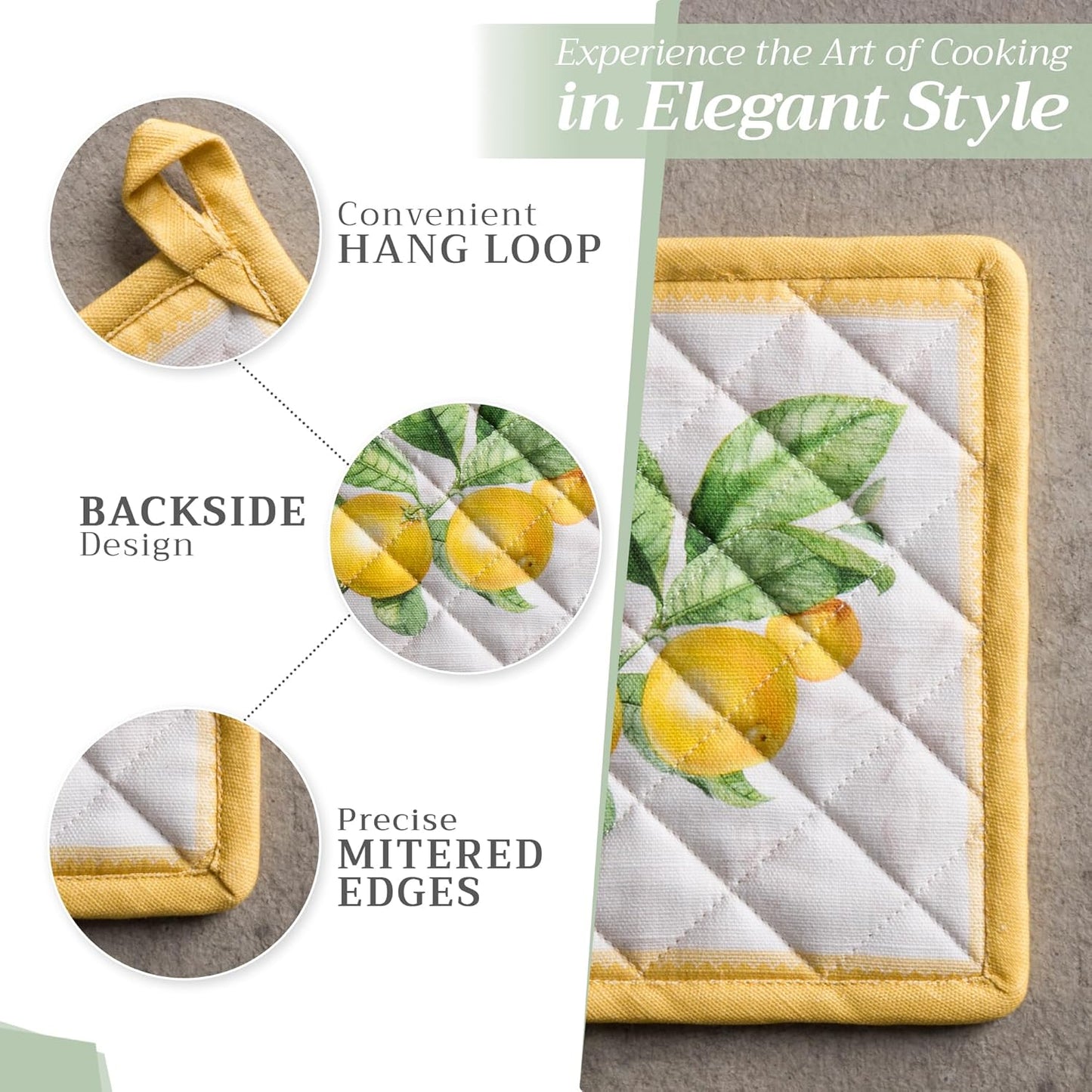 Maison d' Hermine Pot Holders 100% Cotton Heat Resistant Potholders 8" x 8" Hot Pads with Loop BBQ, Cooking, Baking, Grilling, Kitchen, Handling Hot Pans Spring/Summer (Pack of 1, Limoncello)