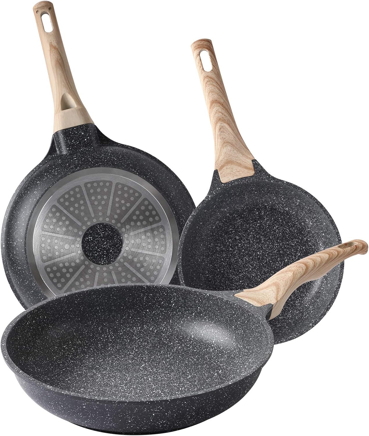 Nonstick Frying Pan Skillets 3-Piece Set 8/9.5/11 inch, Granite Coating Omelette Pan, 100% PFOA free Cookware Pan, Non Stick Stone Frying Pan Skillets Set