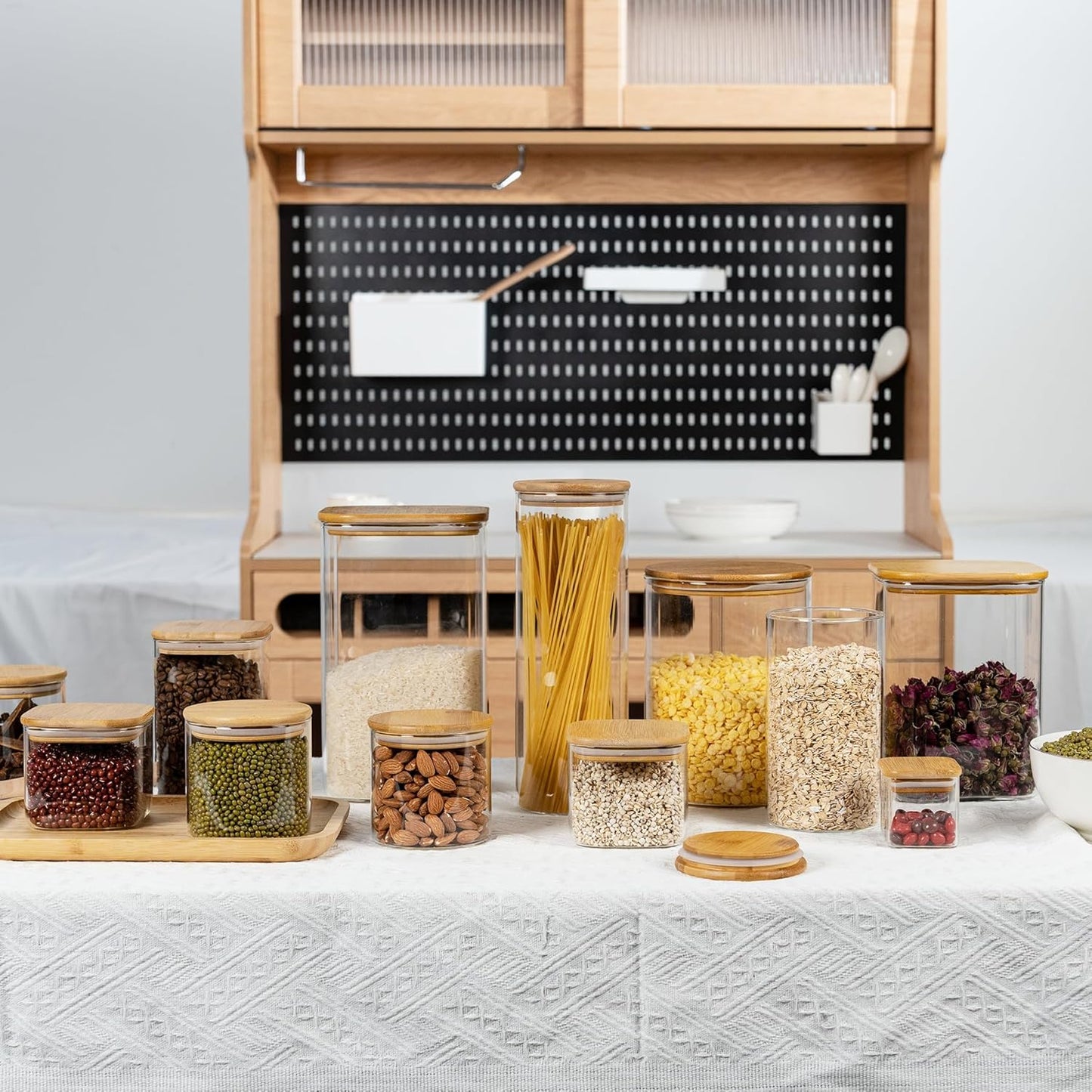 122oz Airtight Glass Square Storage Canister with Bamboo Lid Set of 1 (3600ml) Gallon Glass Jars Large Kitchen Canister for Sugar, Flour, Cookies and Coffee beans (‎with Black Lable)