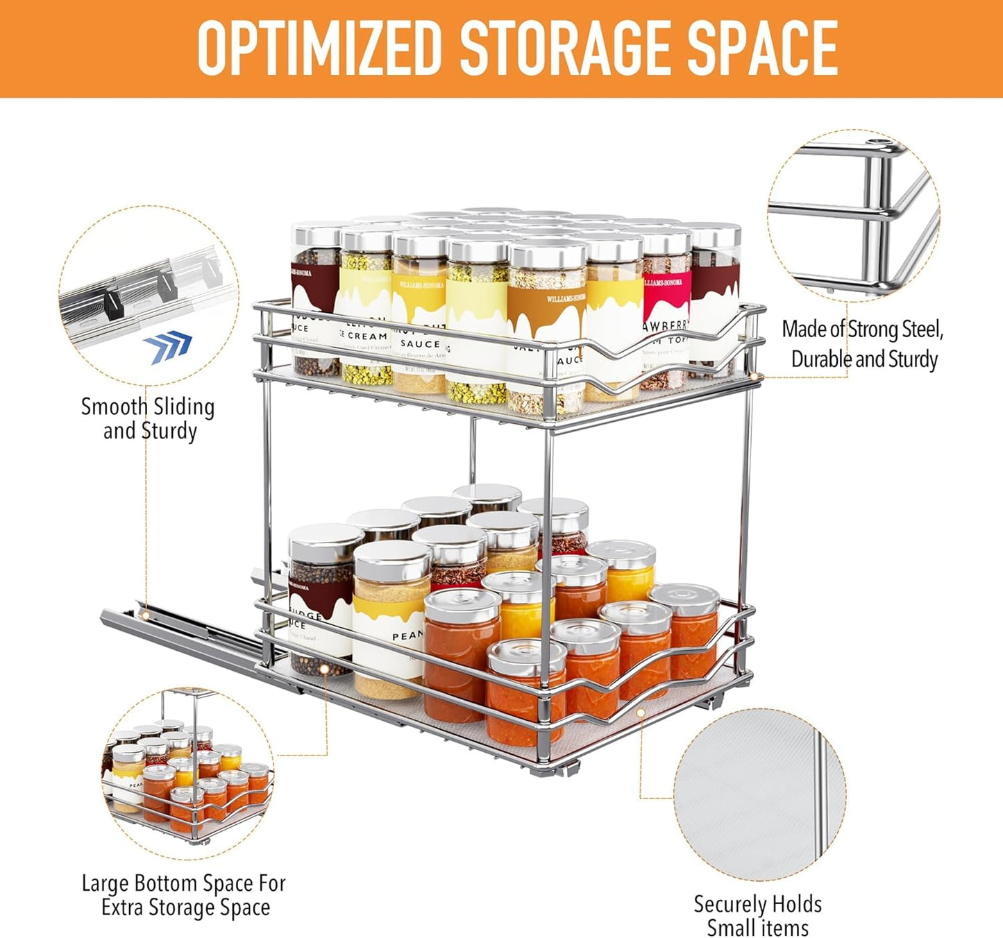 BBV Spice Rack Organizer, Double layer Seasoning Organizer for Cabinet Countertop, Kitchen, Pantry, Sliding Metal Chrome Spice Organization (9 inch)