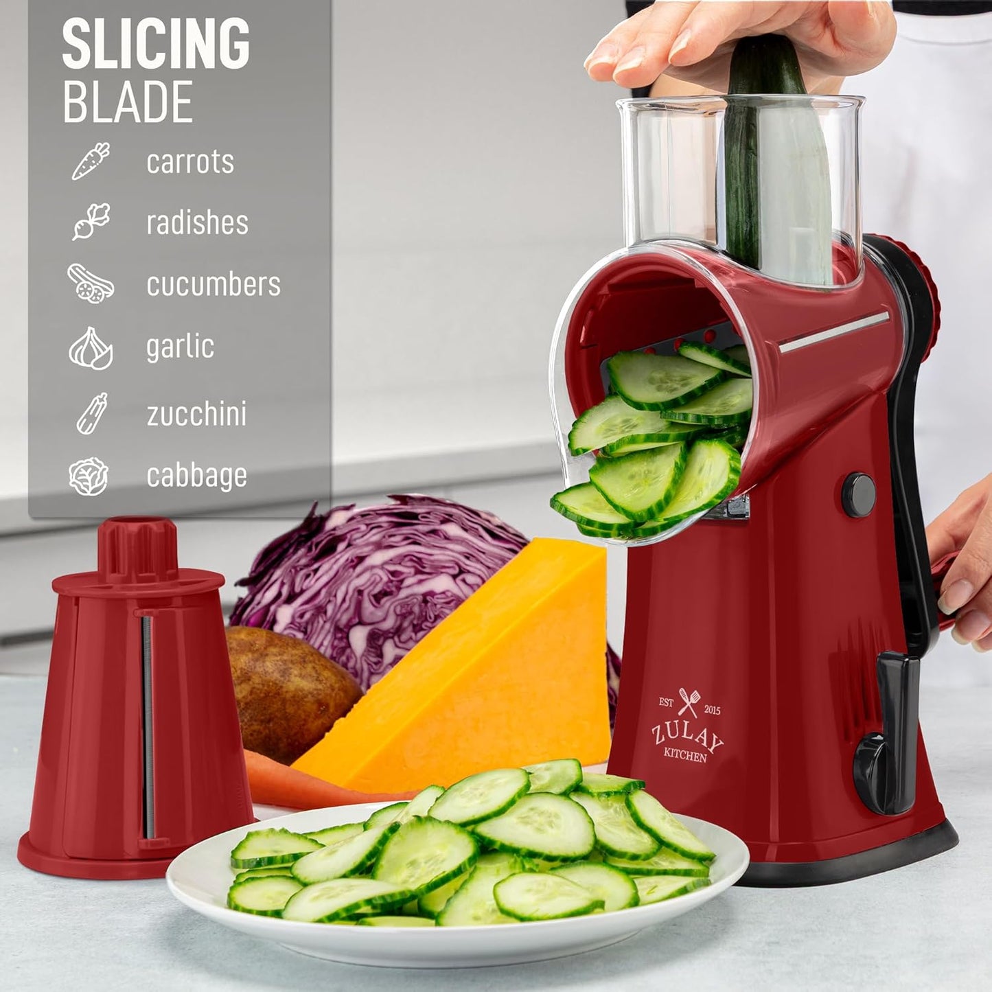 Zulay Kitchen Rotary Cheese Grater 5 Blade Cheese Shredder - Manual Hand Crank Cheese Grater With Reinforced Suction & 5 Interchangeable Drums - Easy to Use, Vegetable Chopper Round Mandoline Slicer