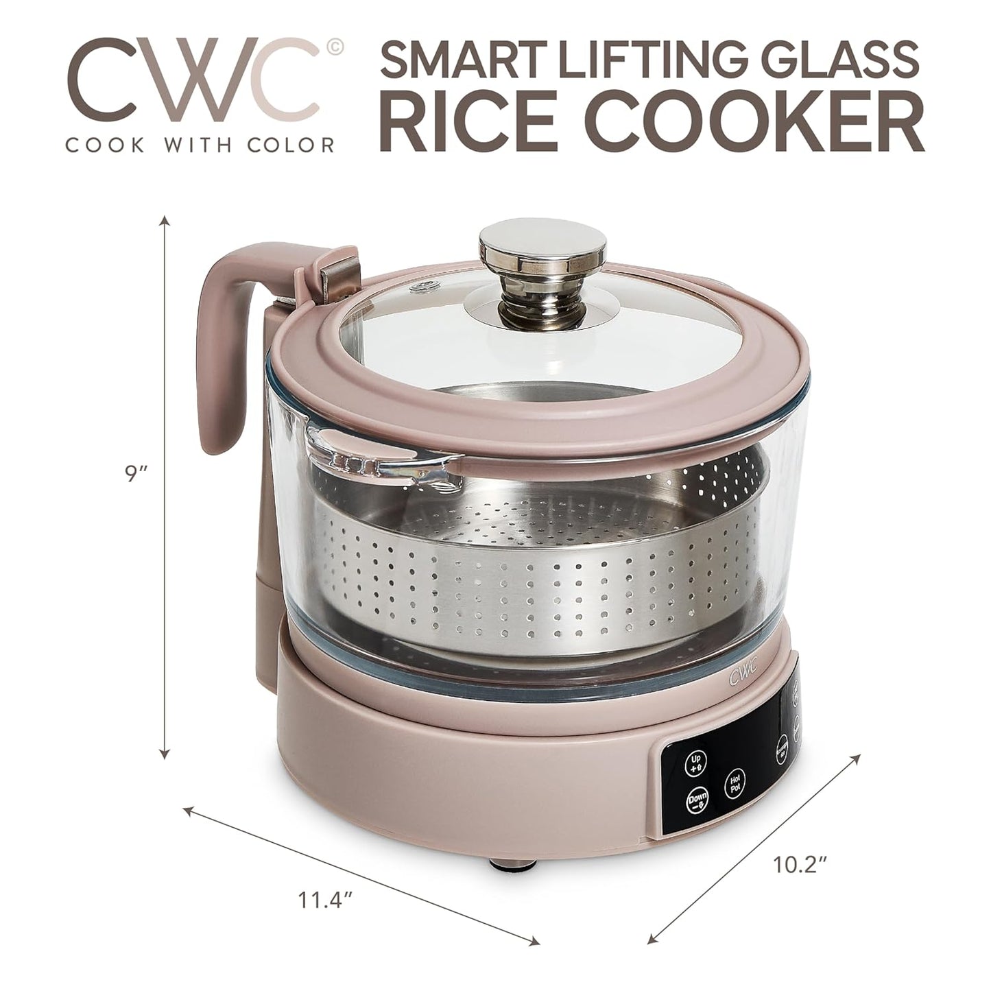 COOK WITH COLOR 3L Glass Low Carb Rice Cooker - Makes 6 Cups Cooked Low Sugar Rice with Auto Lift Filter Basket, Hotpot & Steamer for Rice, Grains and Oats, Digital Panel with Keep Warm, Greige