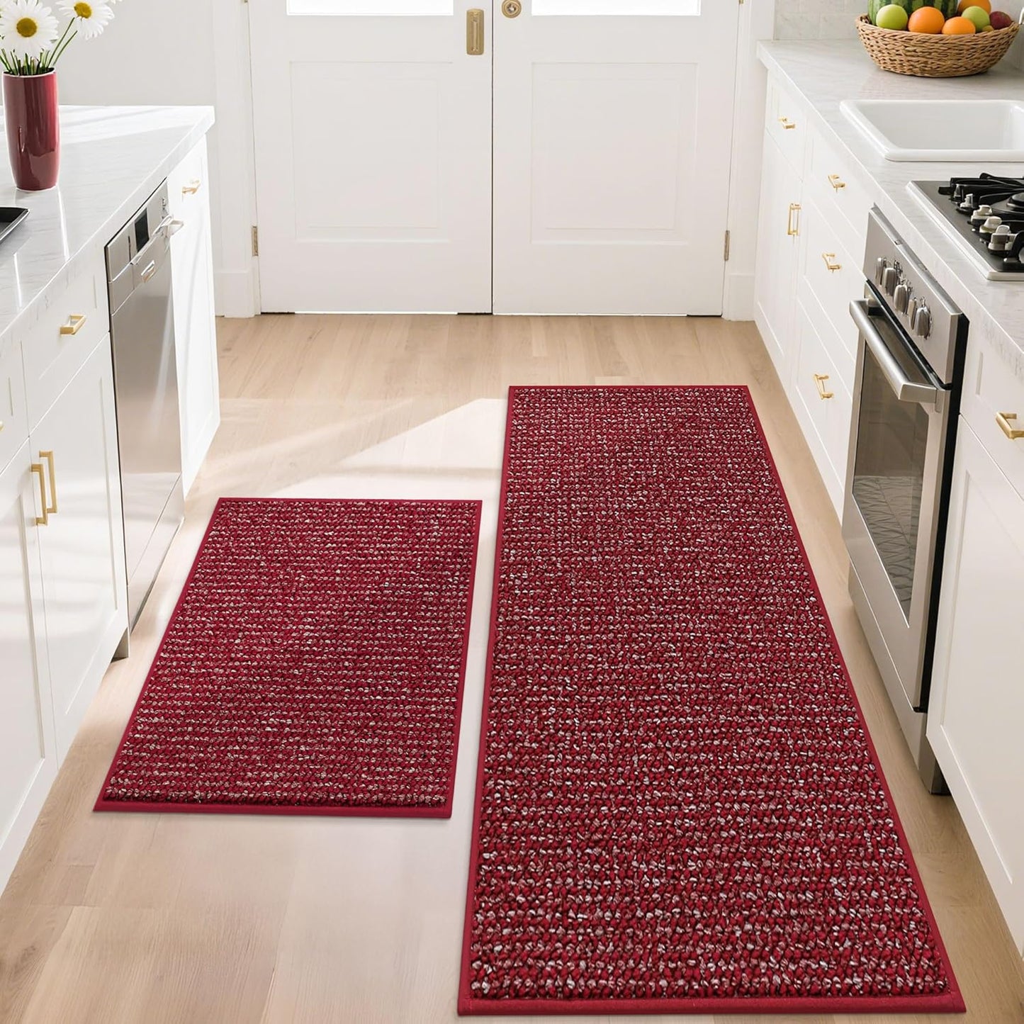 BEQHAUSE Kitchen Rugs and Mats 2PCS, Non-Slip Kitchen Mats for Floor, Absorbent and Stain Resistant Kitchen Runner, Machine Washable Rugs for Kitchen, Laundry & Sink, 20"x32"+20"x48", Red