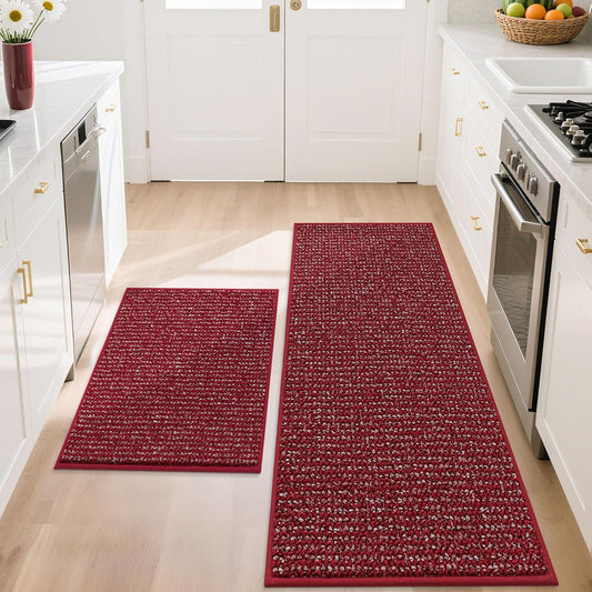 BEQHAUSE Kitchen Rugs and Mats 2PCS, Non-Slip Kitchen Mats for Floor, Absorbent and Stain Resistant Kitchen Runner, Machine Washable Rugs for Kitchen, Laundry & Sink, 20"x32"+20"x48", Red