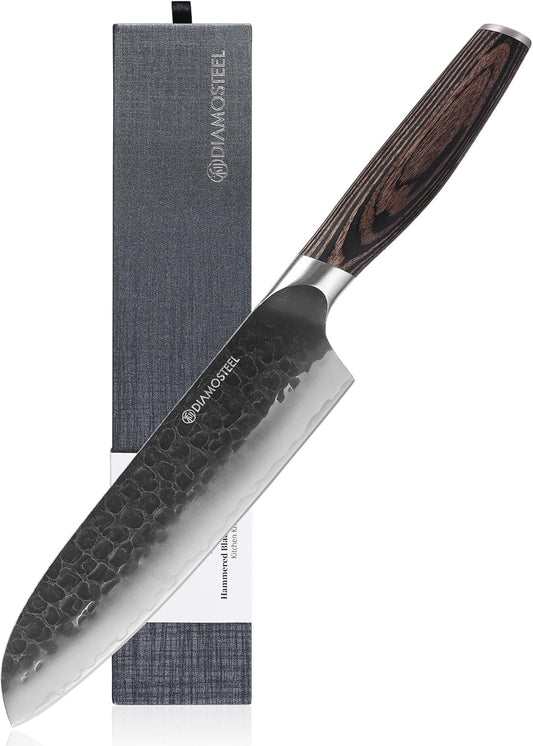 Santoku Knife - 7-Inch Professional Kitchen Knife - Hammered Black Oxide Blade Japanese 9CR18MOV High Carbon Stainless Steel Sharp Chef Knife - Ergonomic Pakkawood Handle with Present Box