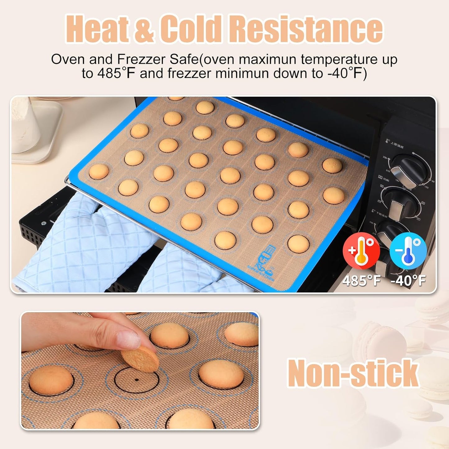 Silicone Macaron Baking Mat Half Sheet - Set of 3 (2 Half Sheet and 1 Quarter Sheet), Non Stick Silicon Oven Liner For Macaroons and Cookies, By Folksy Super Kitchen (16.5x11.6, Blue)