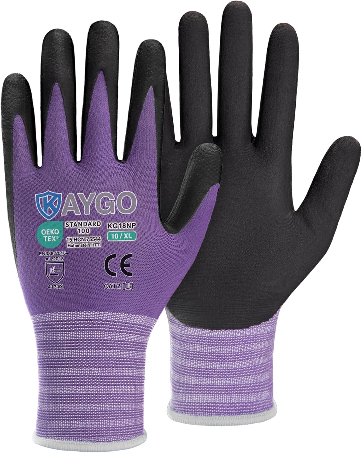 KAYGO Safety Work Gloves MicroFoam Nitrile Coated, 3 Pairs KG18NB,Seamless Knit Nylon Glove for Men and Women, Ideal for Automotive,Warehouse,Construction (XL, Purple)
