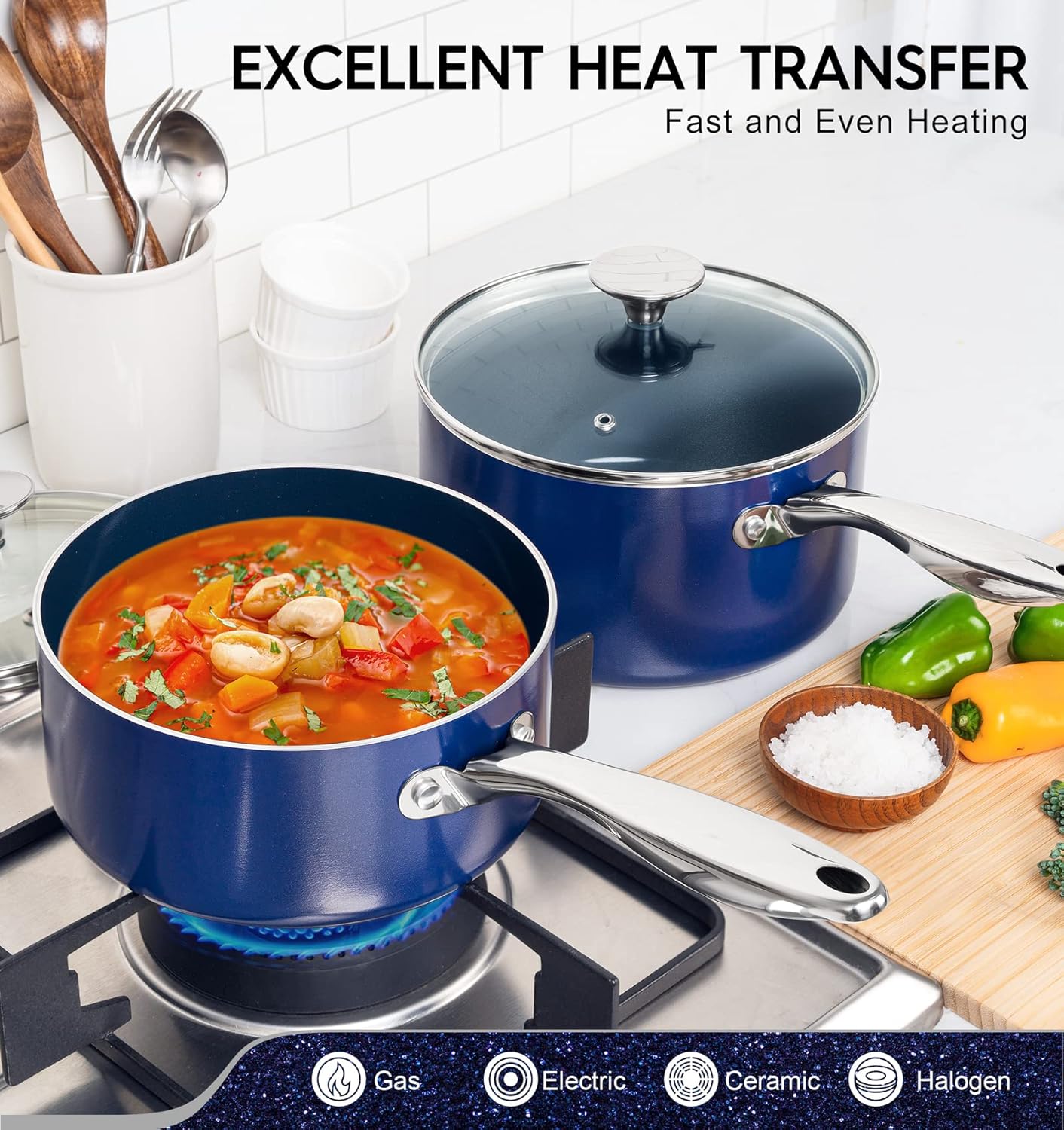 MICHELANGELO Sauce Pan with Lid, Ceramic Saucepan Set, 1.5Qt & 2Qt & 3Qt Sauce Pan Sets, Nonstick Saucepans with Lids, Small Pots with Stainless Steel Handle, Oven Safe, Blue