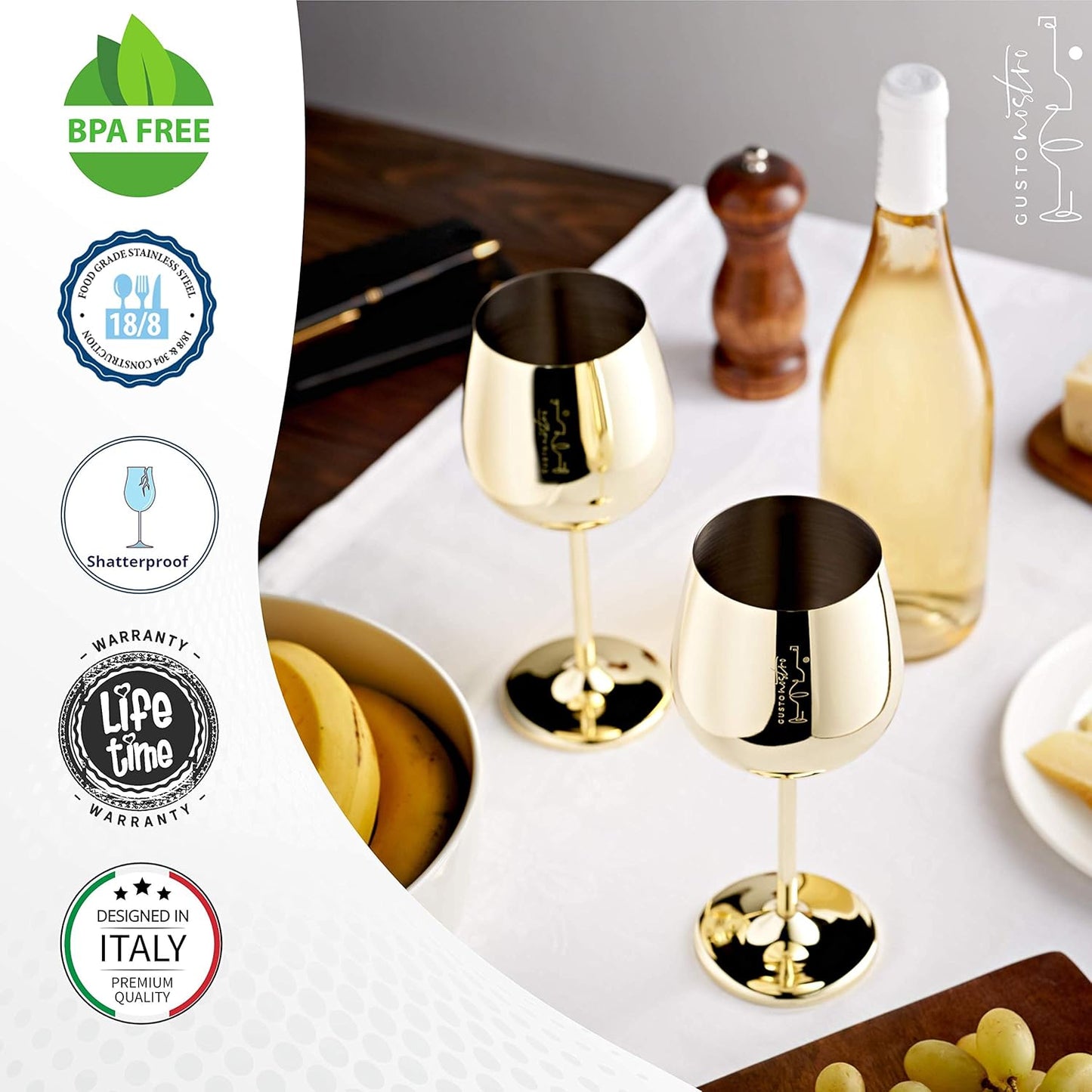 Gusto Nostro Stainless Steel Wine Glass - 18 oz Unbreakable Gold Wine Glasses for Travel, Camping and Pool - Fancy, Unique and Cute Portable Metal Wine Glass for Outdoor Events, Picnics (Set of 4)