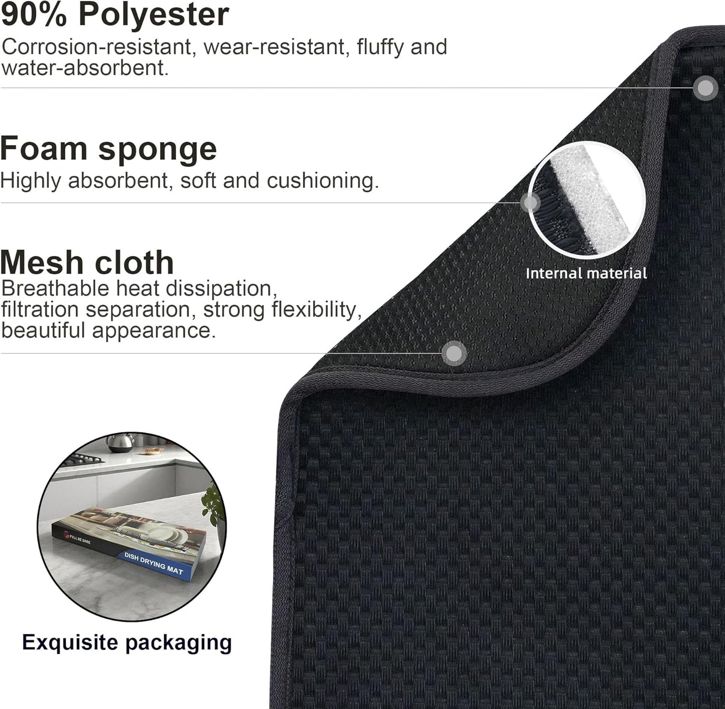 2-Pack Black Dish Drying Mat XL 17”x24”, Kitchen Drying Mat, Drying Matt Kitchen Counter, Dish Dryer Mat, Utensils, Pots & Pans – Dish Drying Pad, Dish Mats for Drying Dishes