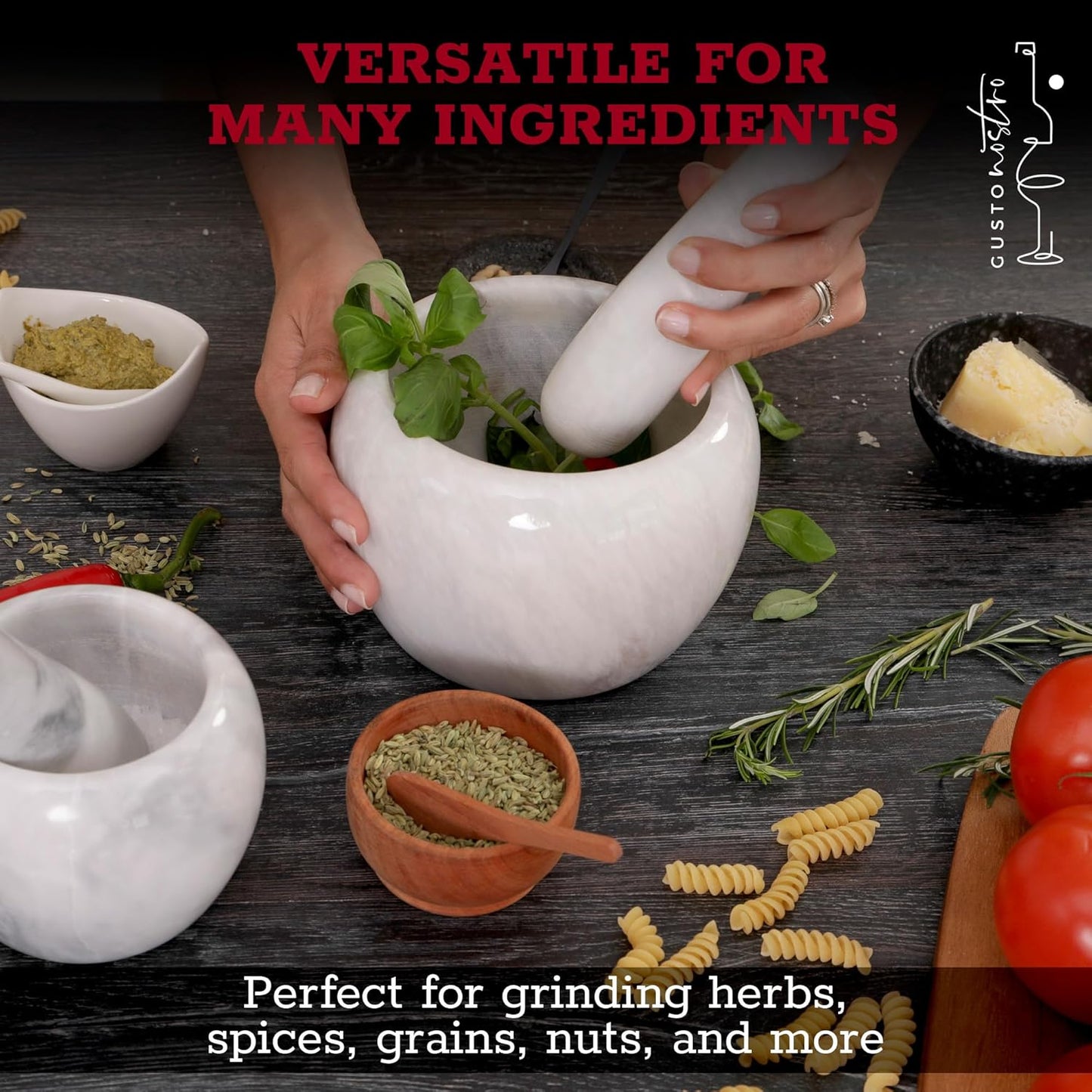 Gusto Nostro Natural Marble Mortar and Pestle Set | 5 Inch - 2.5 Cup Large Mortar Pestle Set for Grinding Herbs, Nuts, Grains | Pesto Grinding and Guacamole Stone Bowl | Marble Spice Crusher