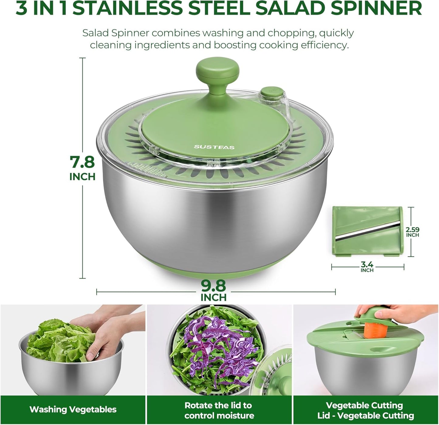 SUSTEAS Stainless Steel Salad Spinner Large, Vegetables Wash Bowl, Fruits & Herb Lettuce Dryer with 5 Blade Slicer Egg Yolk Strainer Shredder for Efficient Salad Preparation and Food Washing, 4.25Qt