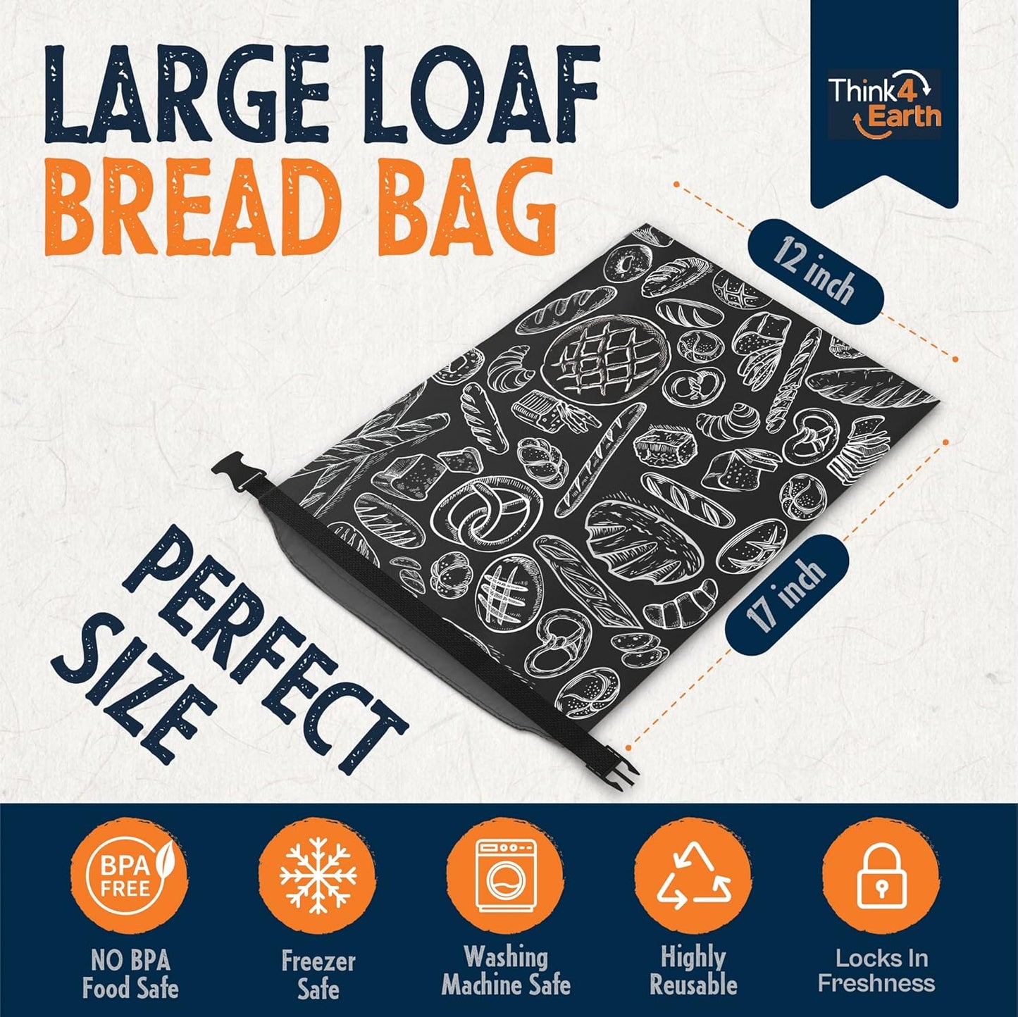 THINK4EARTH® Premium Black Reusable Bread Bags for Homemade Bread – Durable & Washable (2 Pack)