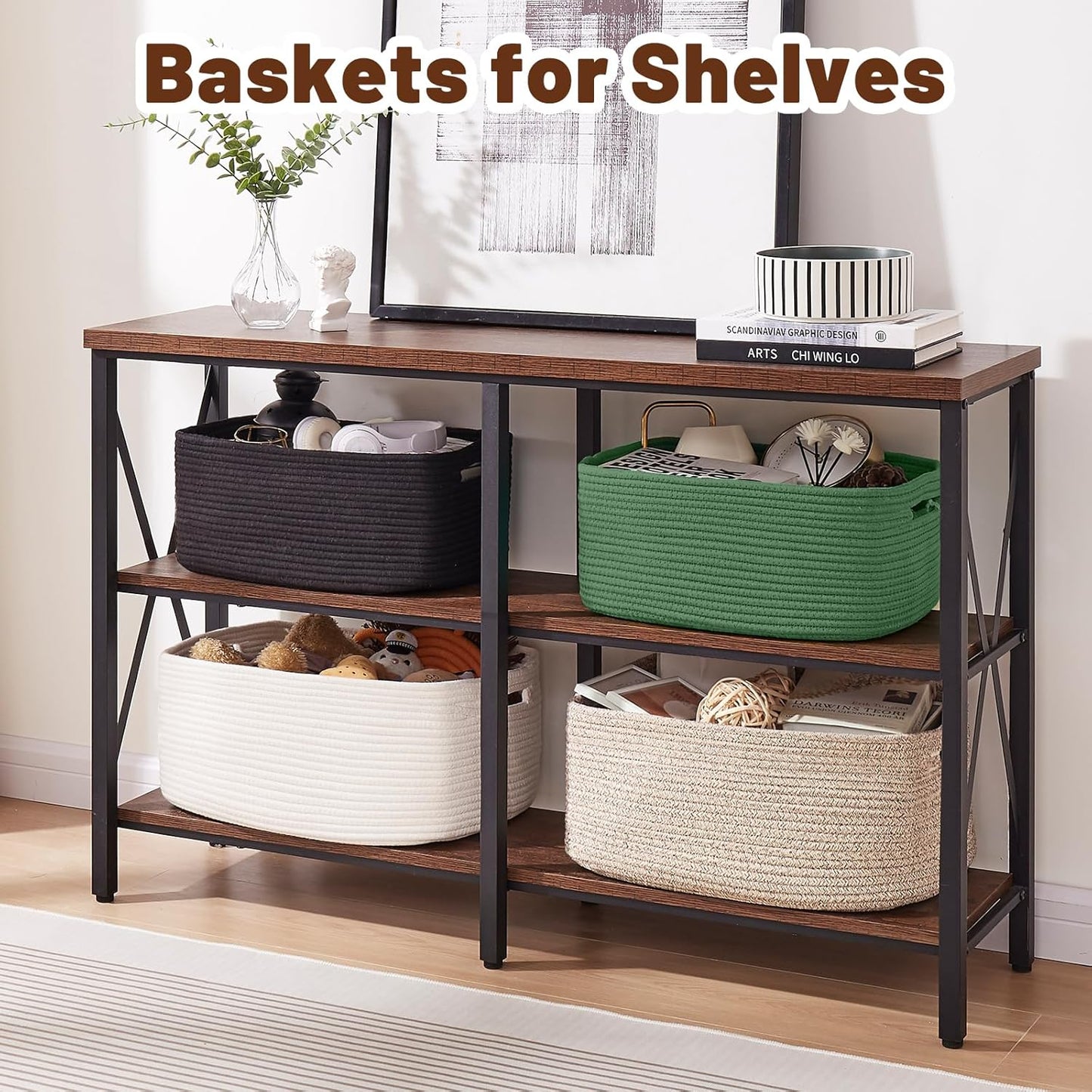 OIAHOMY Storage Basket for Shelves, Closet Cube Storage Bins Baskets for Clothes Blanket Towels, Baby Nursery, Toy Baskets Box, Woven Rope Basket, 15.75*11.81*7.09 IN, 2 Packs Black