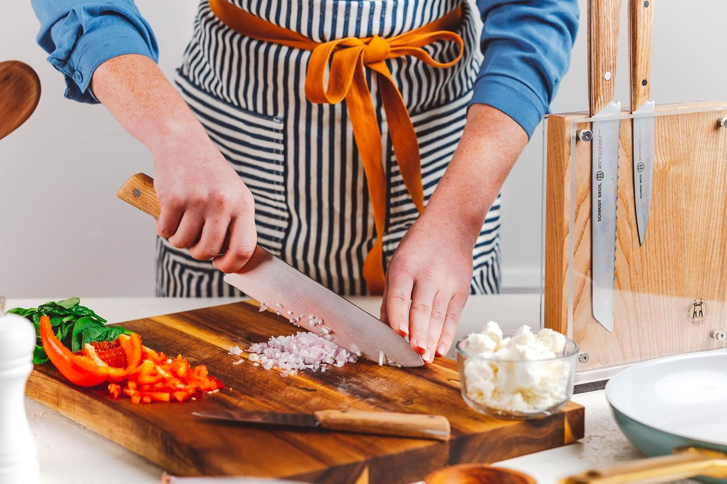 Schmidt Brothers - 9-Piece Natural White Oak Hex Knife Set, High-Carbon Stainless Steel Cutlery with Natural White Oak and Acrylic Magnetic Knife Block