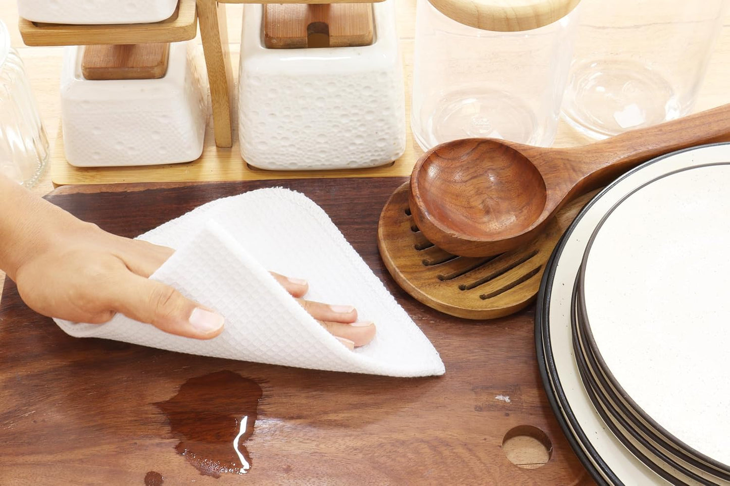 PurpleEssences Dish Cloths and Dish Rags - 6 Pack Waffle Weave Solid Kitchen Dish Wash Cloths, 100% Cotton, 12 x 12 Inches, Ultra Soft Absorbent Quick Drying - Spring Summer - White