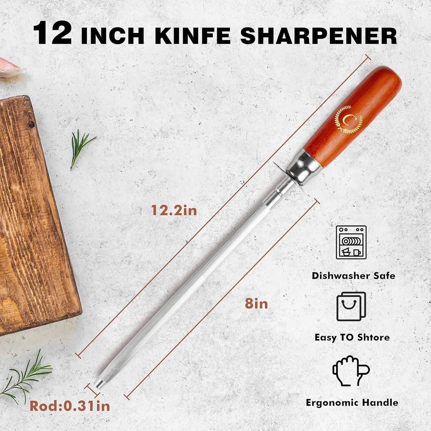 Knife Sharpener Rod, Kitchen Knives Sharpener Carbon Steel Professional Knife Sharpening Steel, Honing Rod with Hanging Holes (13 inches), C