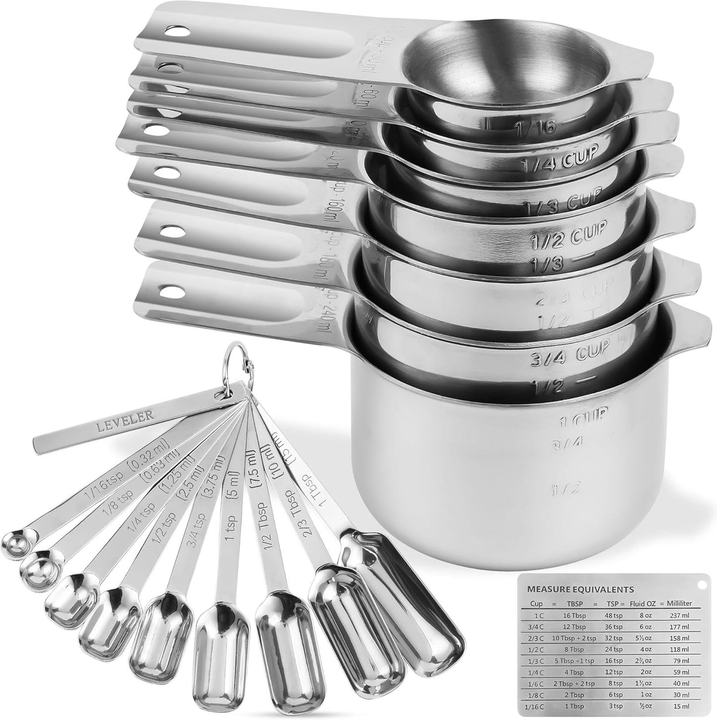 Measuring Cups and Spoons Set, 20-Piece 18/8 Stainless Steel Measuring Cups and Spoons Set, Measuring Stick Leveler, Measurement Conversion Chart Fridge Magnet, with 2/3 & 3/4 Measure Cup