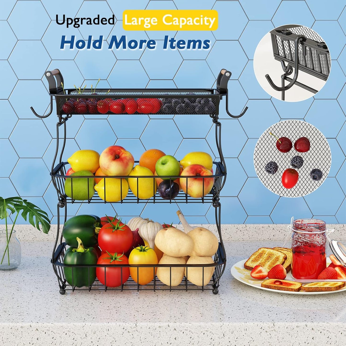 ANTOPY 3 Tier Fruit Basket with 2 Banana Hangers, Countertop Fruit Vegetable Basket Bowl for Kitchen Counter Metal Mesh Basket Fruits Stand Produce Holder Organizer for Onion Potato Bread Snack Veggie