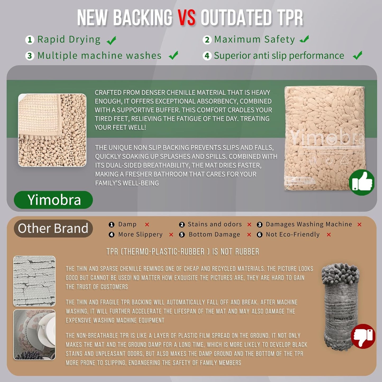 Yimobra Long Bathroom Rugs Non Slip Washable 44x24 Inch - Ultra Soft Absorbent Polyester Bath Mat, Quick Dry Shaggy Floor Carpet for Tub Shower, Light Brown Home Decor Accessories