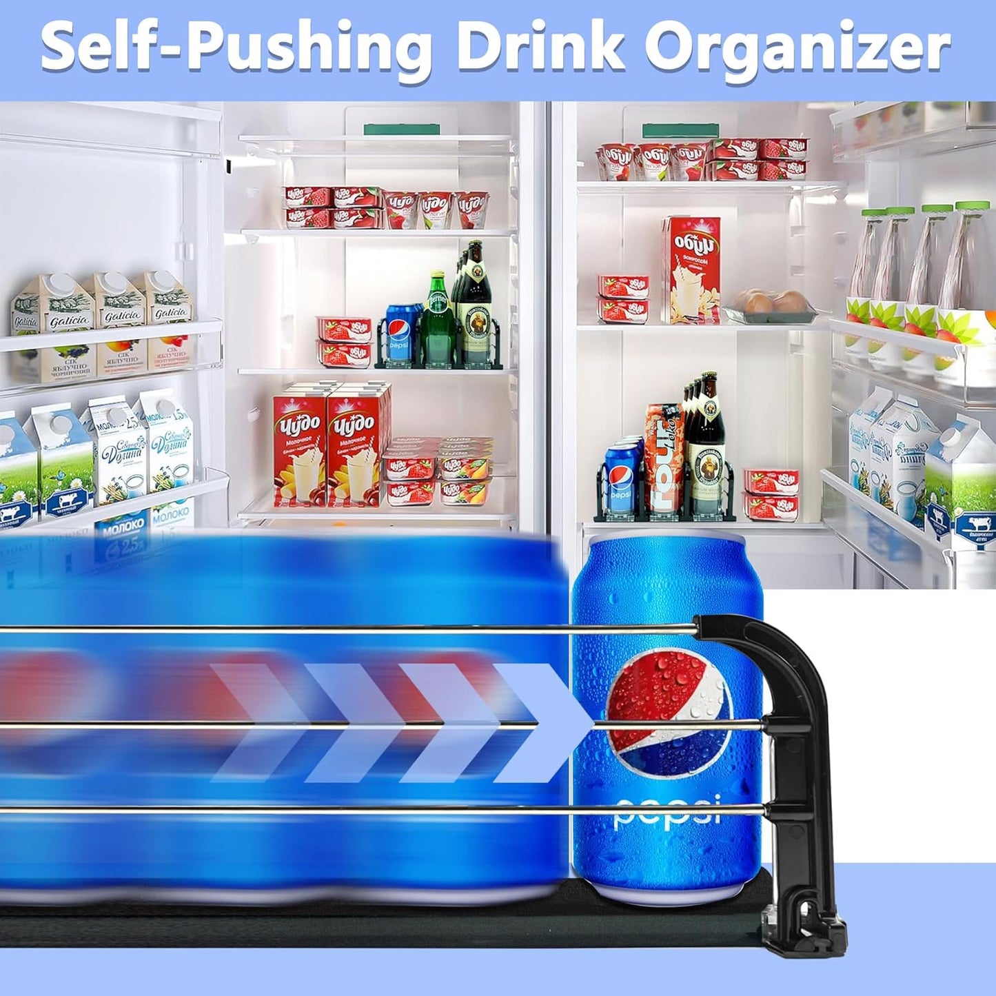 Drink Organizer for Fridge, Soda Can Dispenser for Fridge, Refrigerator Drink Dispenser with Self-Pushing Glide Black (3 Rows)