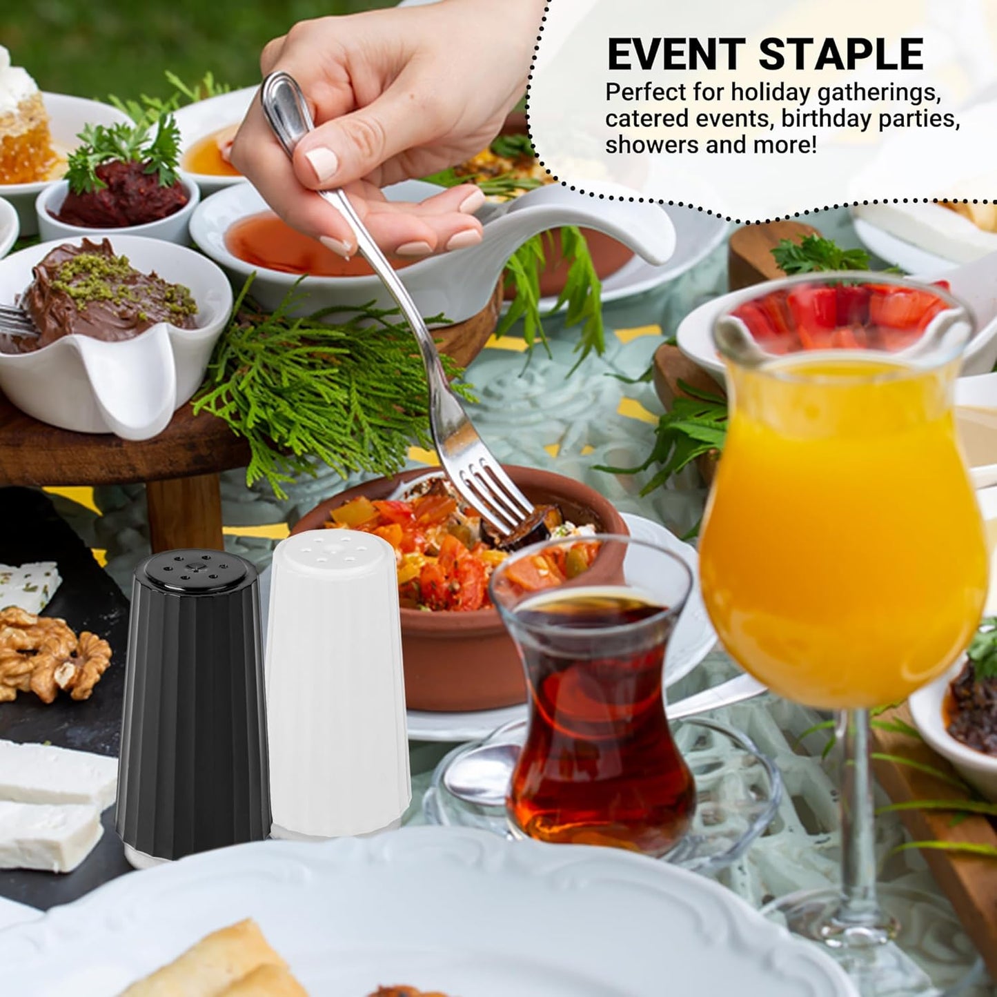 Disposable Salt and Pepper Shakers by Global Basics - Plastic Shaker Sets for Parties, Restaurants, Picnics, Cookouts - Prefilled Salt and Pepper Shakers with 4oz. Salt, 1.5oz. Pepper - 48-Pack