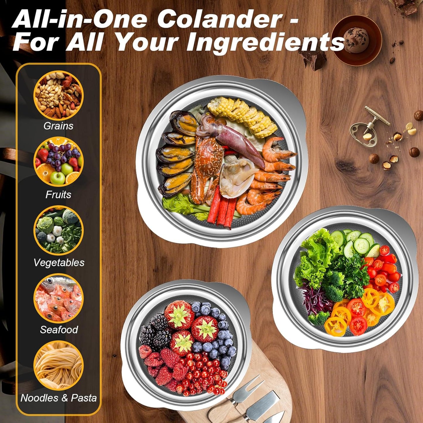 Colander, Stainless Steel Colander for Kitchen, 3Pcs Kitchen Gadget Food Strainer Basket with Handle, Kitchen Strainer Colanders Bowl for Pasta Noodles Spaghetti Vegetables Fruit (2QT, 3QT, 5QT)