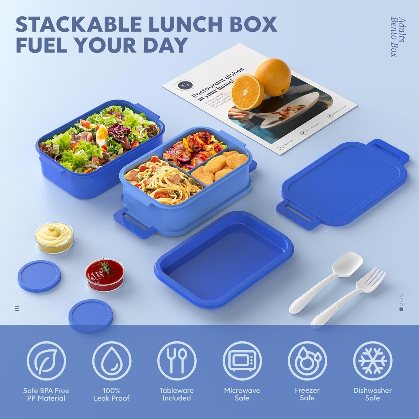 Jelife Adult Bento Lunch Box - 3 Layers Stackable Bento Lunch Box for Adults, 72oz Large All-in-One Bento Box Leak-Proof Lunch boxes with Utensil Sauce Containers, Ideal for Dining Out,Work, Blue