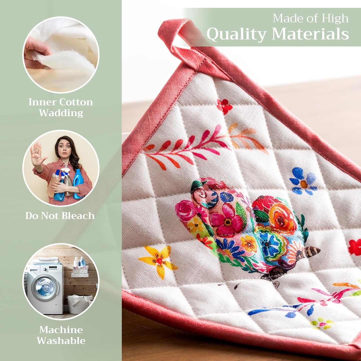 Maison d' Hermine Pot Holders Set 100% Cotton Heat Resistant Potholders 8" x 8" Hot Pads with Loop Cooking, Grilling, Kitchen, Handling Hot Pans Spring/Summer (Pack of 2, Happy Florals - High Summer)