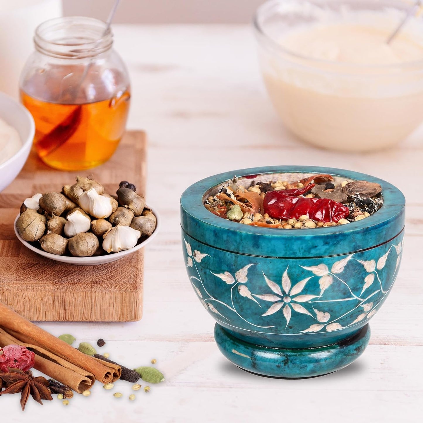Mortar and Pestle, Made of Heavy Duty Polished Hard Stone, Natural Stone Grinder for Spices, Pastes, Herbs, Seasoning etc. (Turquoise Floral)