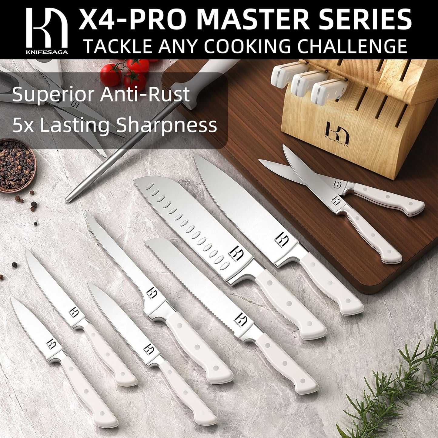 Knife Set, 15 Pcs Kitchen Knife Block Set, Enduring Razor-Sharp Japanese High Carbon Stainless Steel Chef Knife Set with Block and Sharpener, Premium Knives Set for Kitchen, White Natural Wood