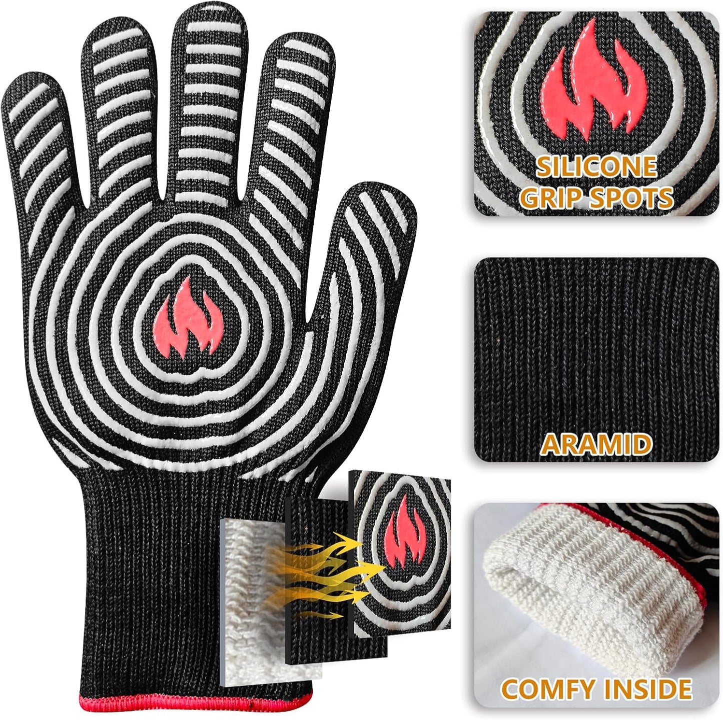 DEYAN 932°F Heat Resistant BBQ Gloves | Silicone Non-Slip Oven Mitts for Grilling, Baking, Smoking | Fireproof & Flexible with Fingers (Grey, 1 Pair)