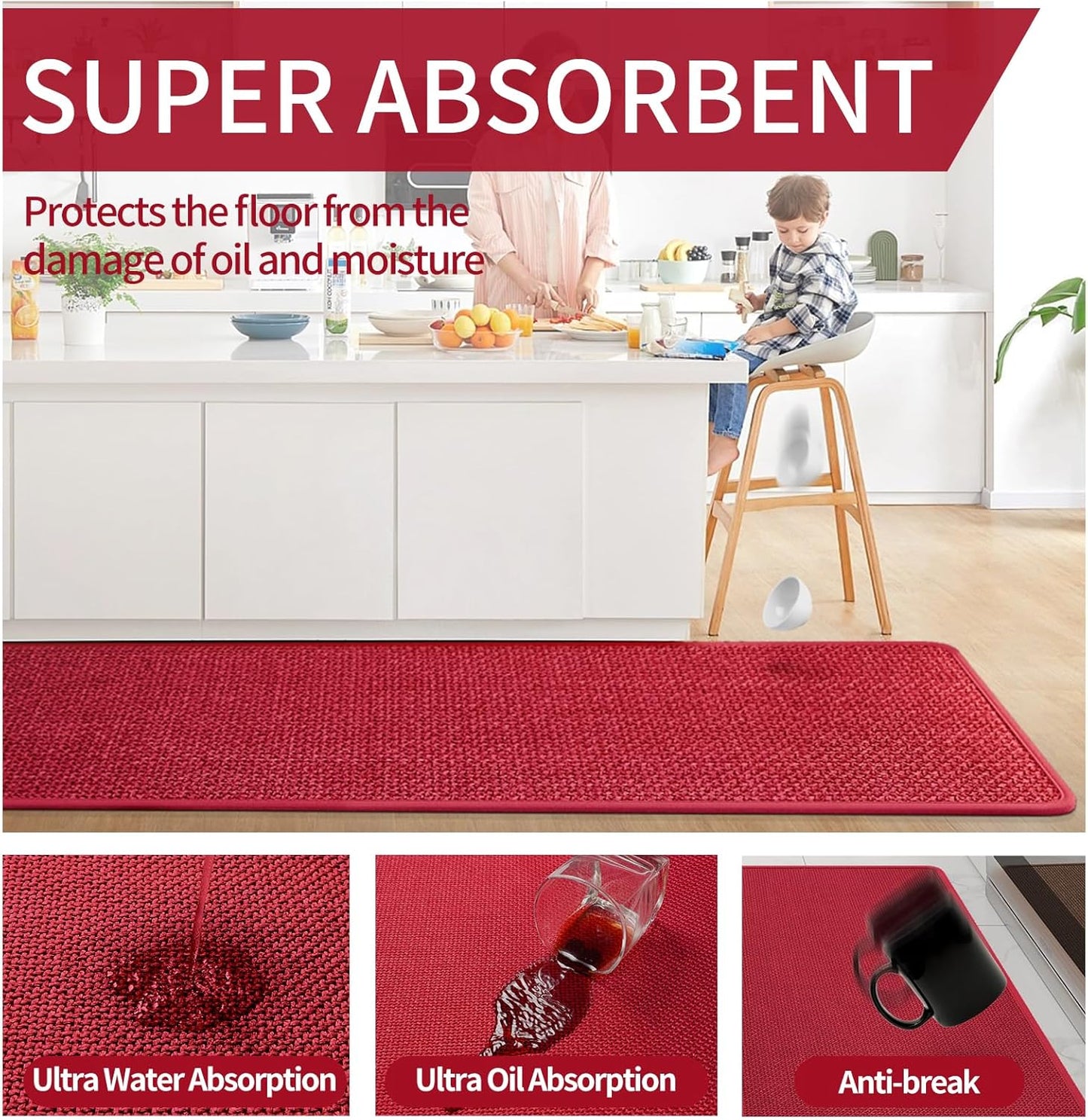 Kitchen Mats for Floor, Super Absorbent Kitchen Rugs Non Slip Washable, Soft Imitation Linen Braided Kitchen Runner Rug, Standing Mat Kitchens Sink Mat, Easy to Clean, Red 17x71