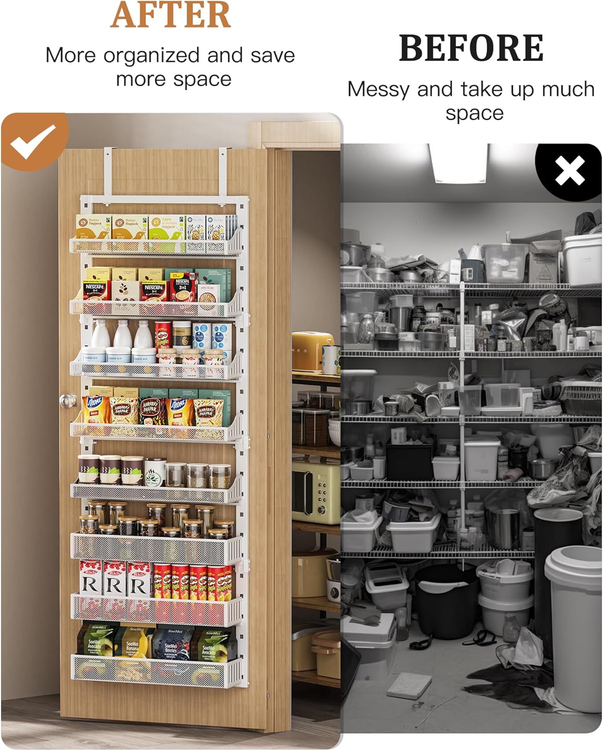 Over the Door Pantry Organizer 8-Tier, Large Metal Door Spice Rack with Adjustable Basket, 2 in 1 Wall Mount or Hanging Heavy-Duty Pantry Door Storage Shelf for Kitchen and Bathroom, White