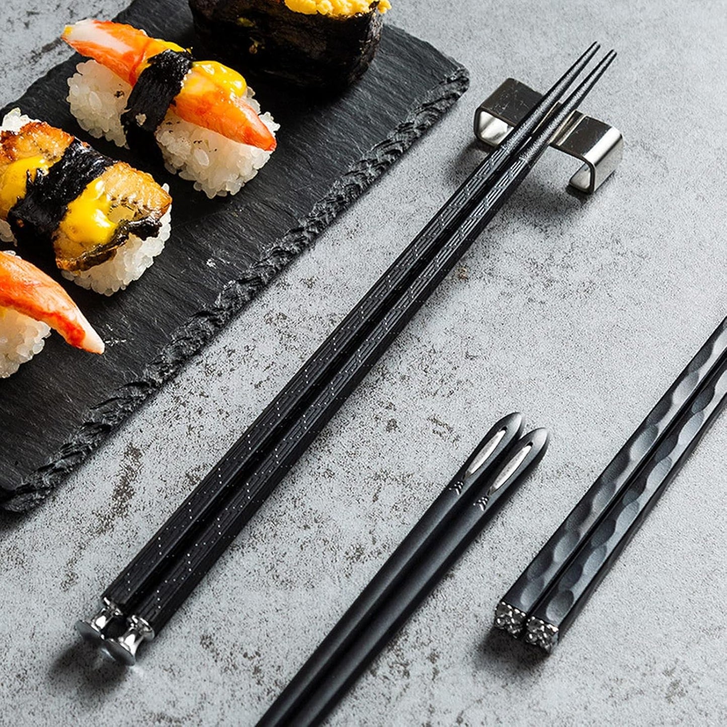 5 Pairs Food Grade PET+Glass Fiber Alloy Polymer Laser Engraving Japanese Metal Chopsticks, Squared Edge Non-Slip Chop Sticks Pack Reusable Gift with Case