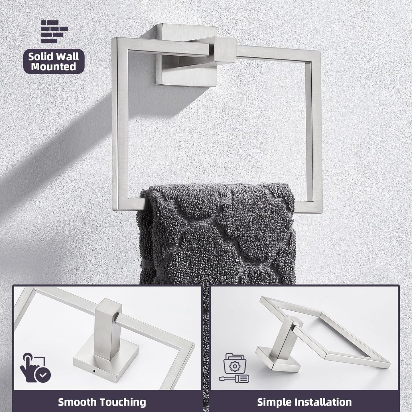 APLusee Brushed Nickel Towel Ring, 304 Stainless Steel Square Bathroom Towel Holder, Wall Mounted