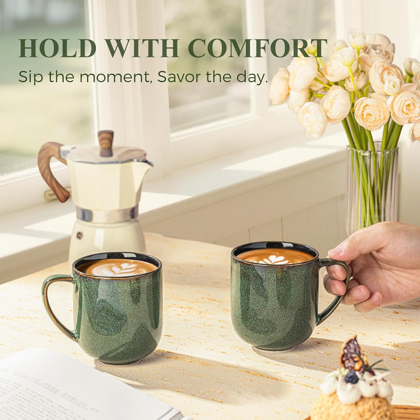 LERATIO 12OZ Ceramic Coffee Mugs Set of 6, Large Porcelain Coffee Cups With Large Handle For Latte,Cappuccino,Milk,Cocoa,|Dishwasher&Microwave Safe Mug Sets,Ideal for Man,Woman,Dad, Mom-Green