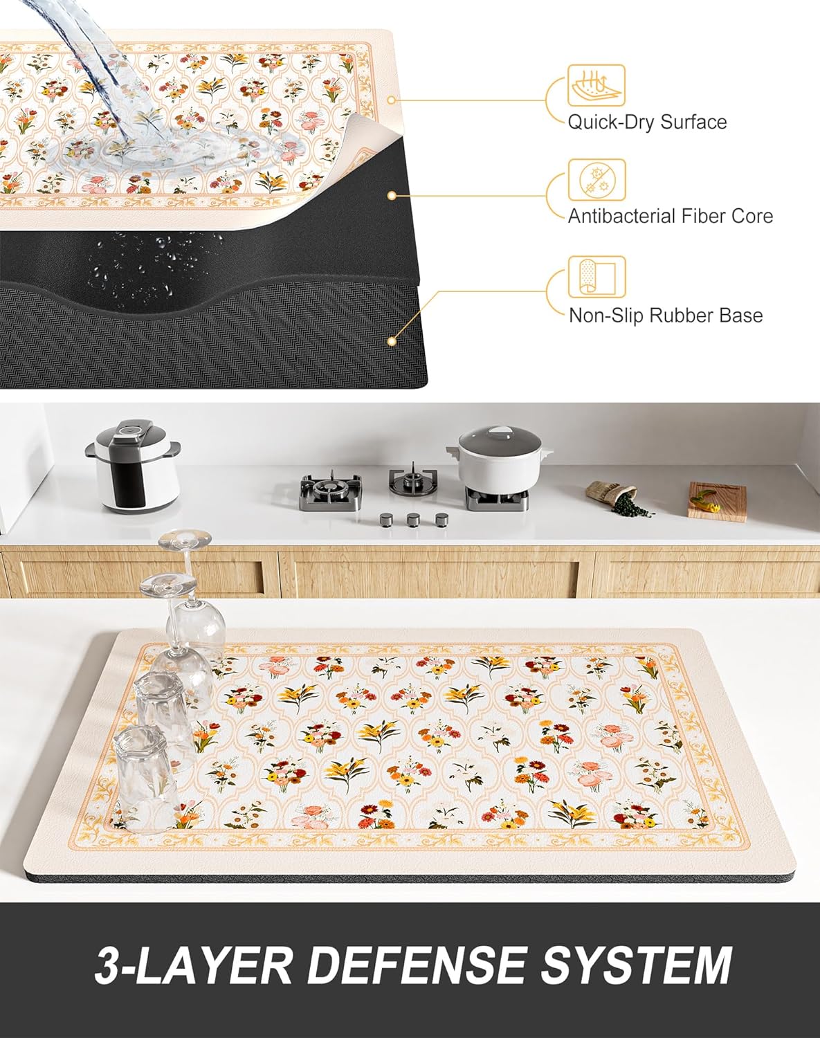 Rnivvi Dish Drying Mat for Kitchen Counter, 12 x 19" Cute Flower Theme Super Absorbent Draining Pad, Non-Slip Heat Resistant Coffee Bar Mat for Coffee Machine Station Accessories, Beige Dish Rack Pad