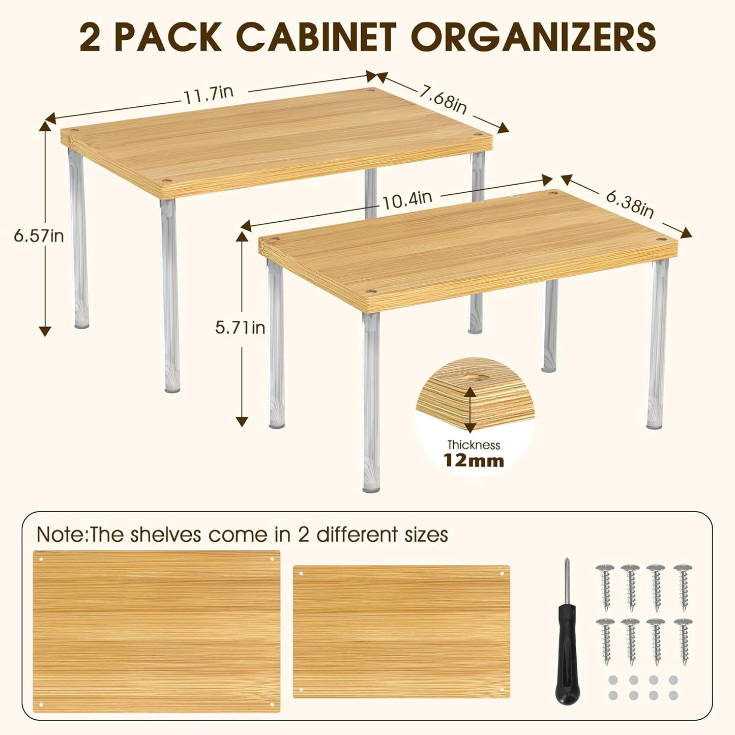 Jolitac Cabinet Organizer Shelf - Set of 2 Clear Acrylic Spice Rack, Stackable Pantry Storage Shelves for Kitchen Counter, Bathroom, Desk - Multi-Purpose Bamboo Space Saving Shelves, Easy Assembly