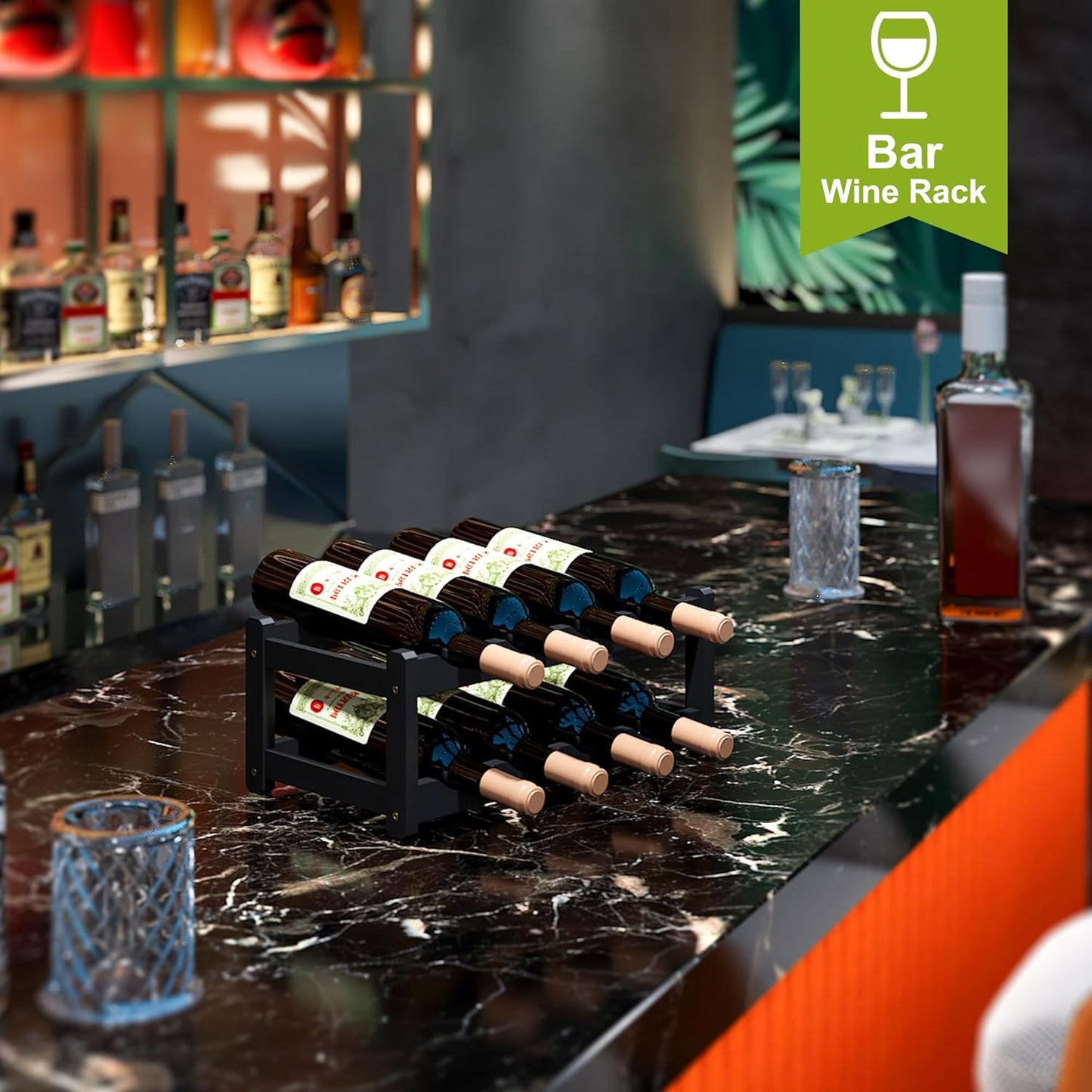 BMOSU Bamboo Wine Rack Wine Storage Cabinet Shelf 8 Bottle Wine Racks Countertop Sturdy for Kitchen Dining Room Pantry - 2 Tiers Wine Rack (Black)