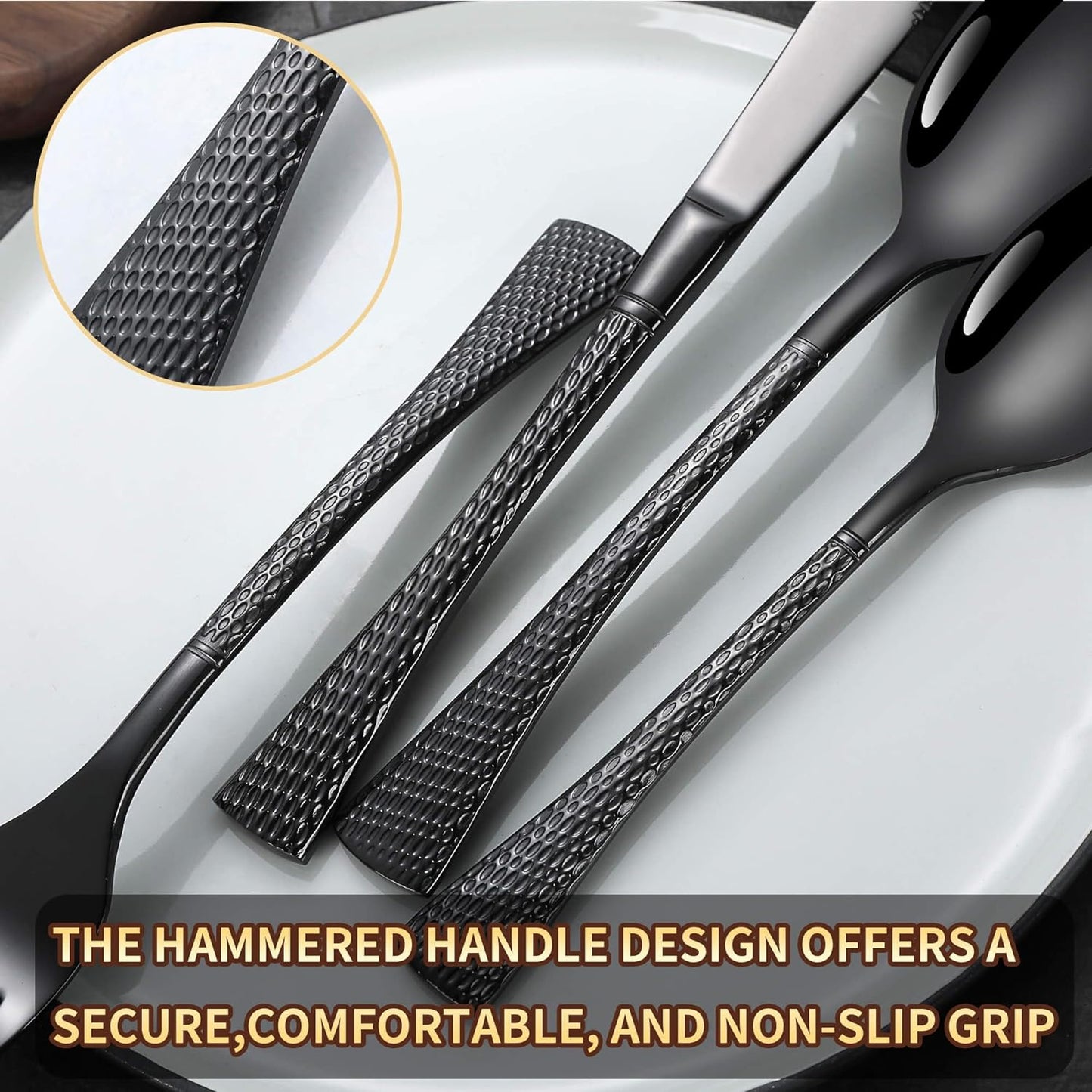 Hammered Black Silverware Set,20 Piece Modern Flatware Set Service for 4,Mirror Polished Stainless Steel Cutlery Set Utensil Set Tableware Set,Kitchen Knives Forks Spoons Set,Dishwasher Safe