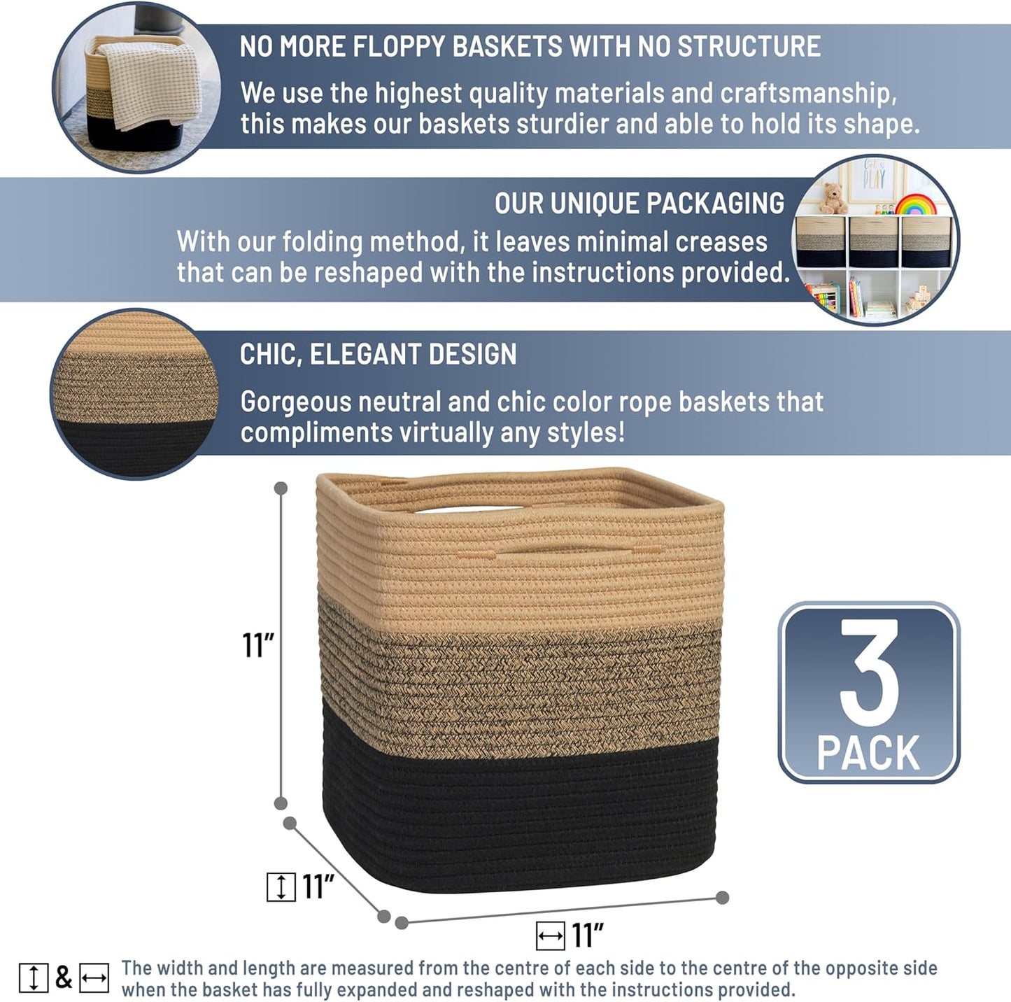 NaturalCozy Storage Cubes 11 Inch Cotton Rope Woven Baskets for Organizing, 3-Pack | Cube Storage Bin | Square Storage Baskets for Shelves Organizer, Classroom, Kids Toy Bins, Closet, Baby Nursery